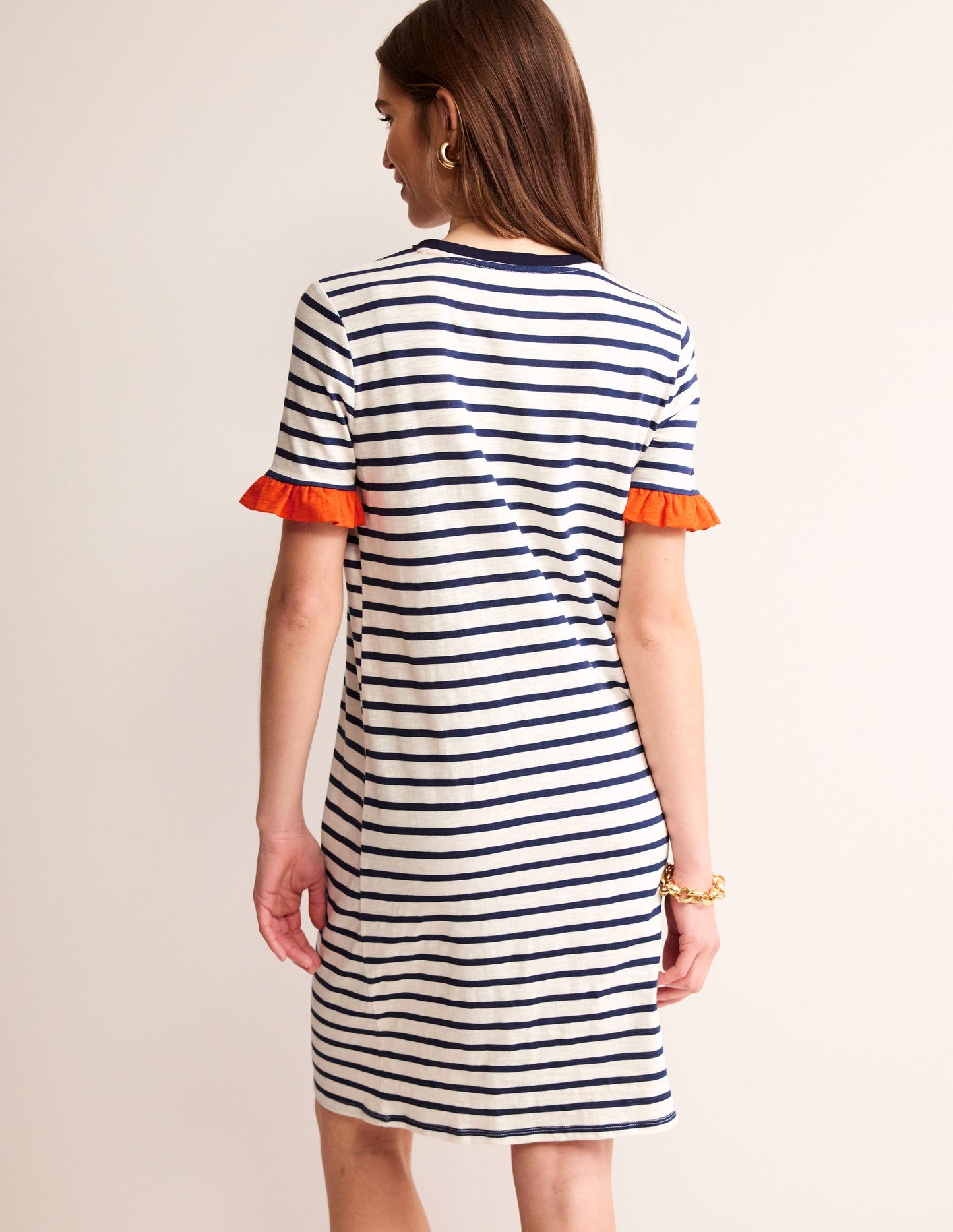 Emily Ruffle Cotton Dress-Ivory, Navy Stripe