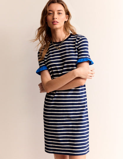 Emily Ruffle Cotton Dress-Navy, Ivory Stripe