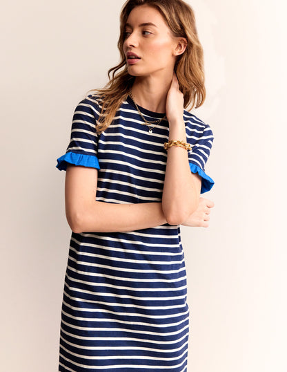 Emily Ruffle Cotton Dress-Navy, Ivory Stripe