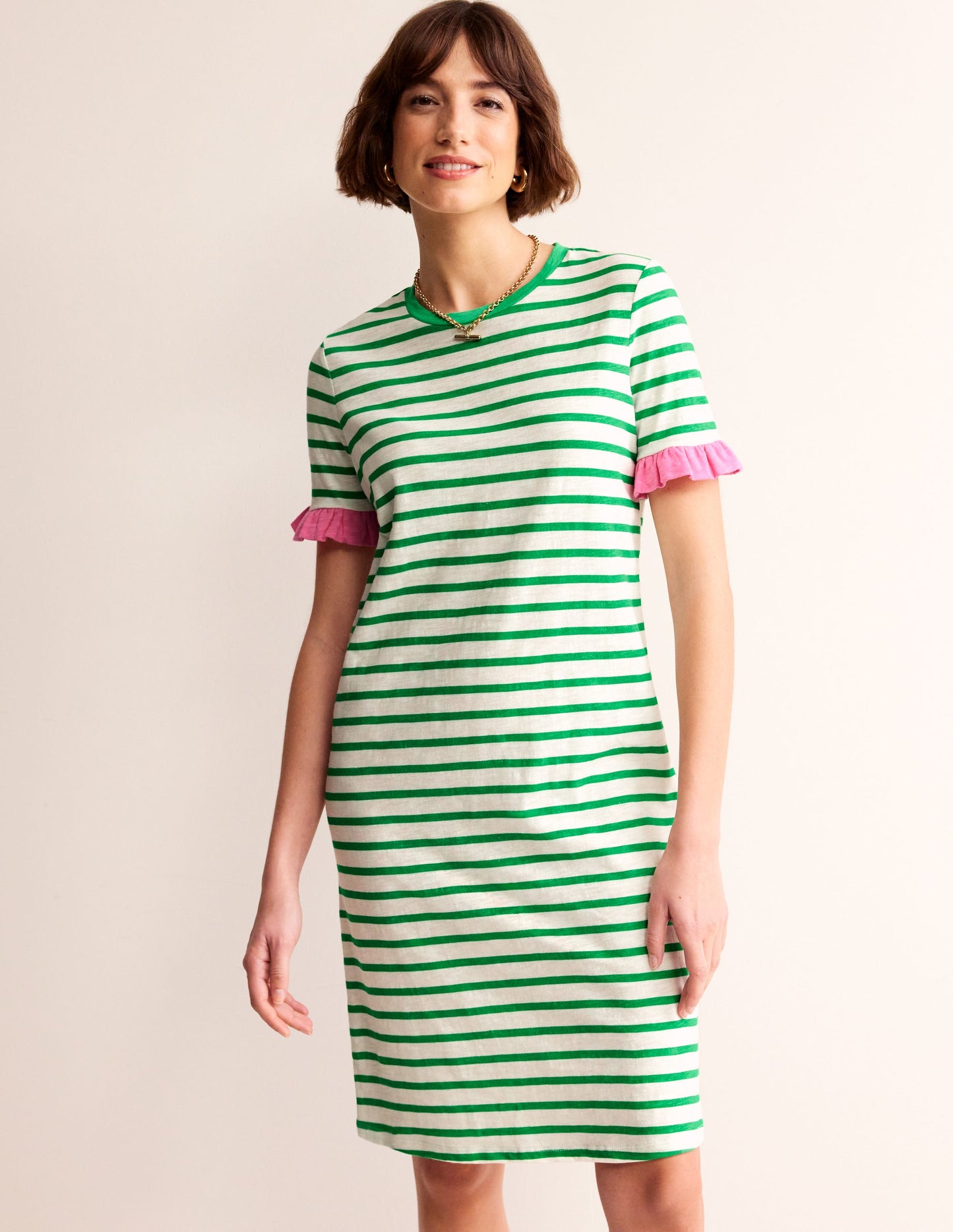 Emily Ruffle Cotton Dress-Ivory, Green Stripe