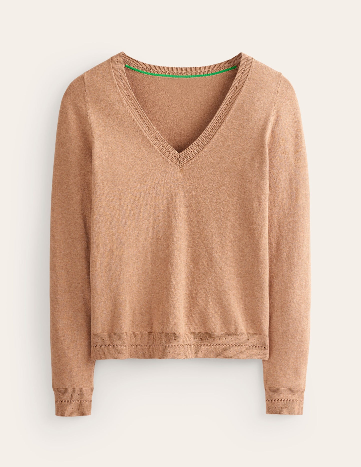 Catriona Cotton V-Neck Jumper-Camel Melange