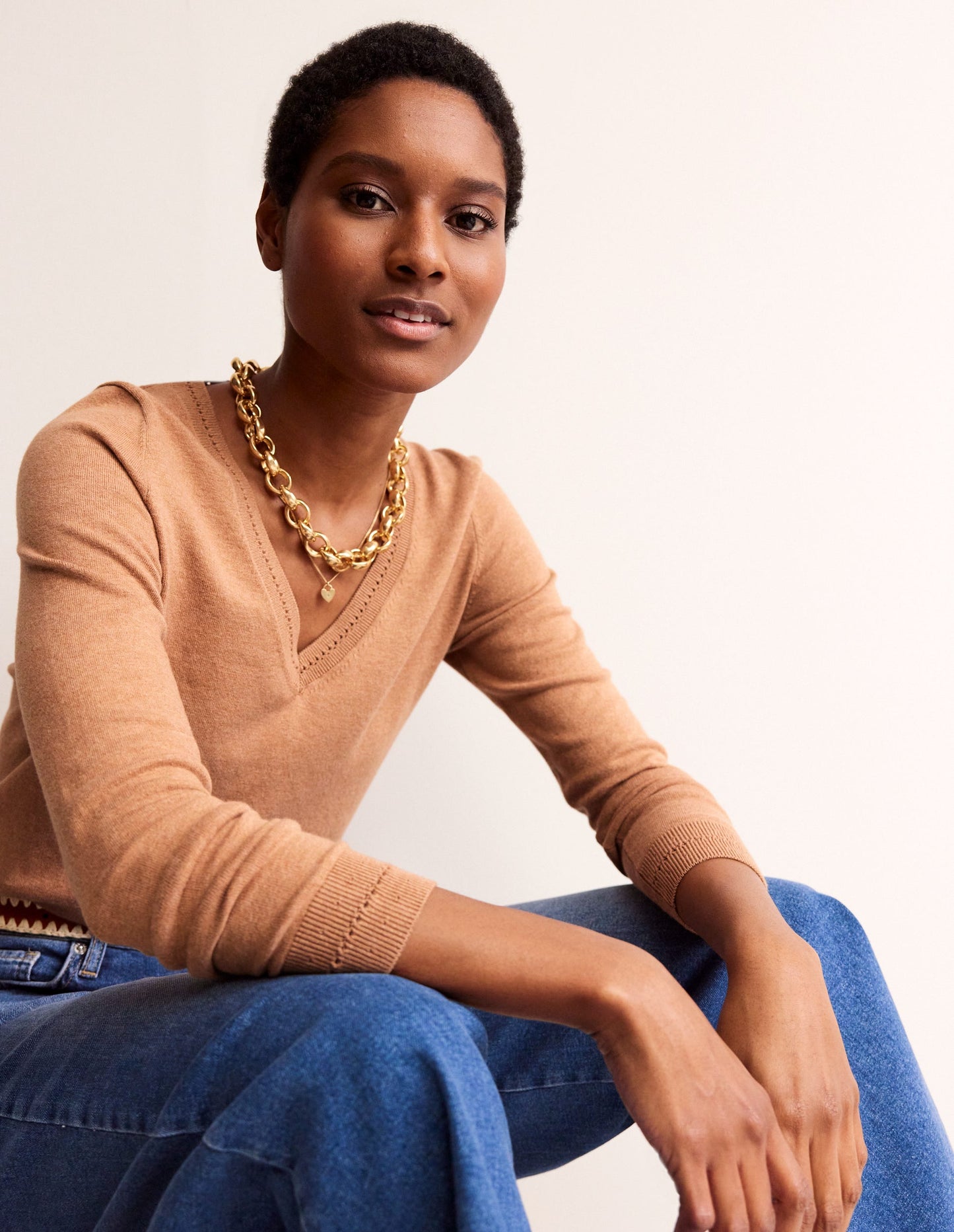 Catriona Cotton V-Neck Jumper-Camel Melange