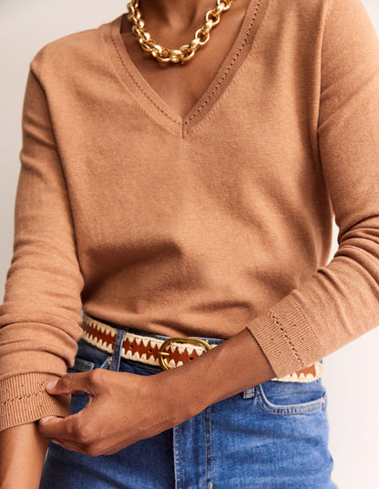 Catriona Cotton V-Neck Jumper-Camel Melange-2