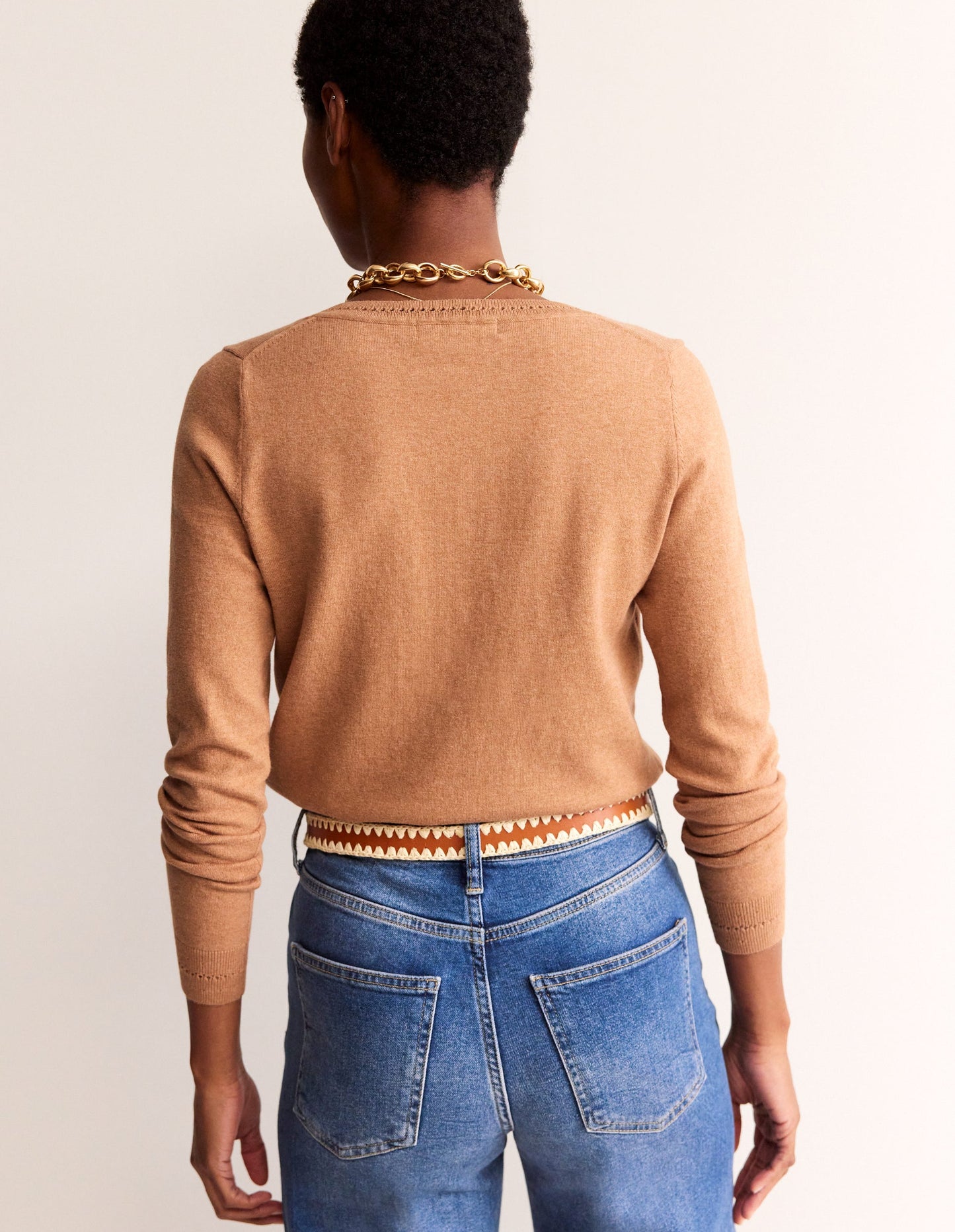 Catriona Cotton V-Neck Jumper-Camel Melange