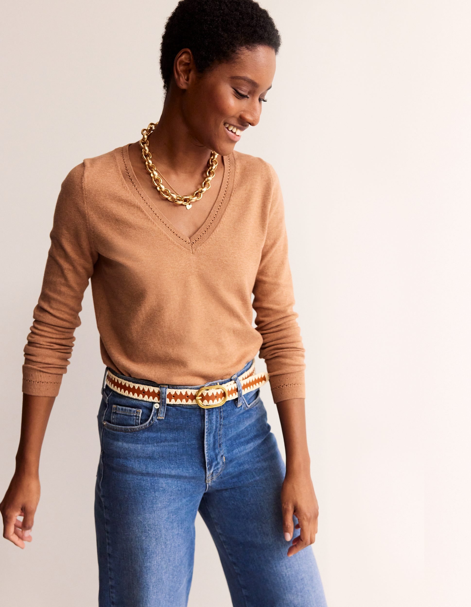 Catriona Cotton V-Neck Jumper-Camel Melange-4