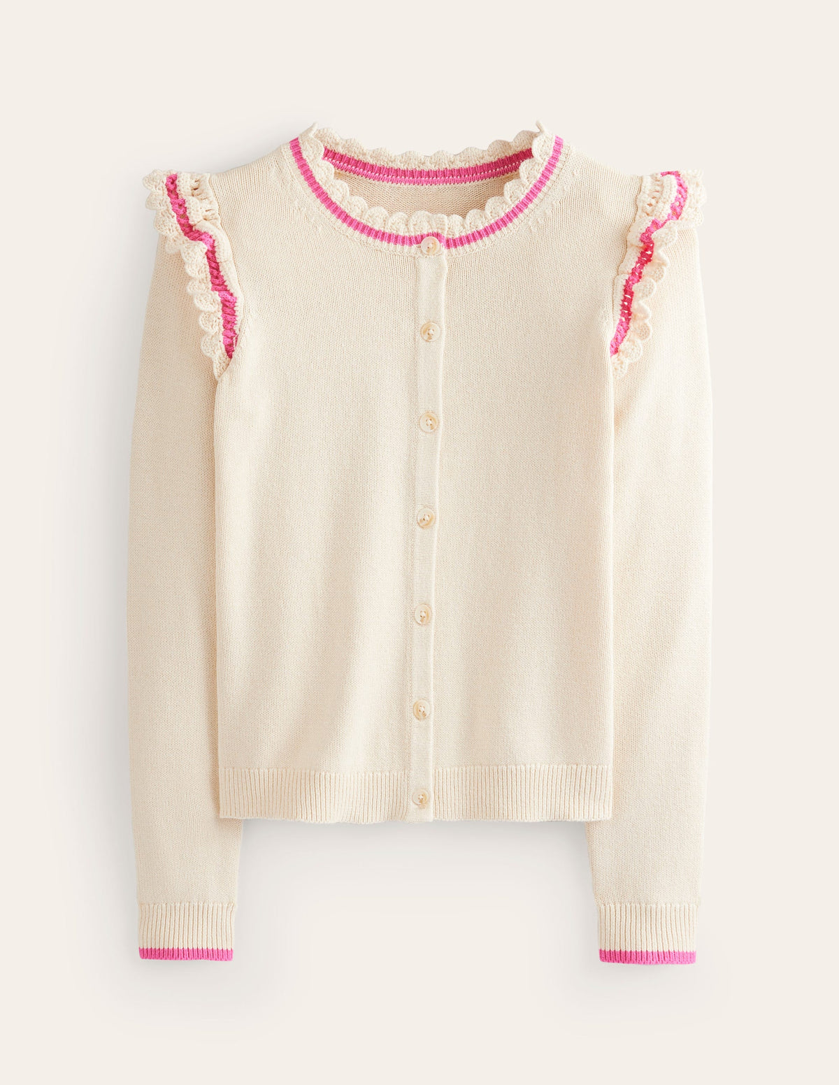 Crochet Frill Detail Cardigan-Warm Ivory - Image 5