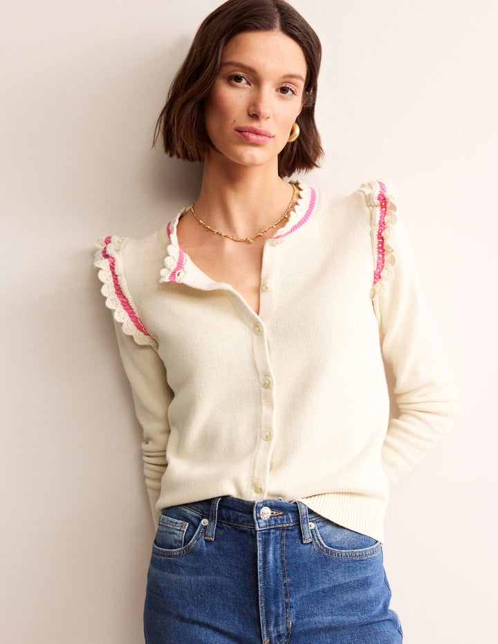 Crochet Frill Detail Cardigan-Warm Ivory