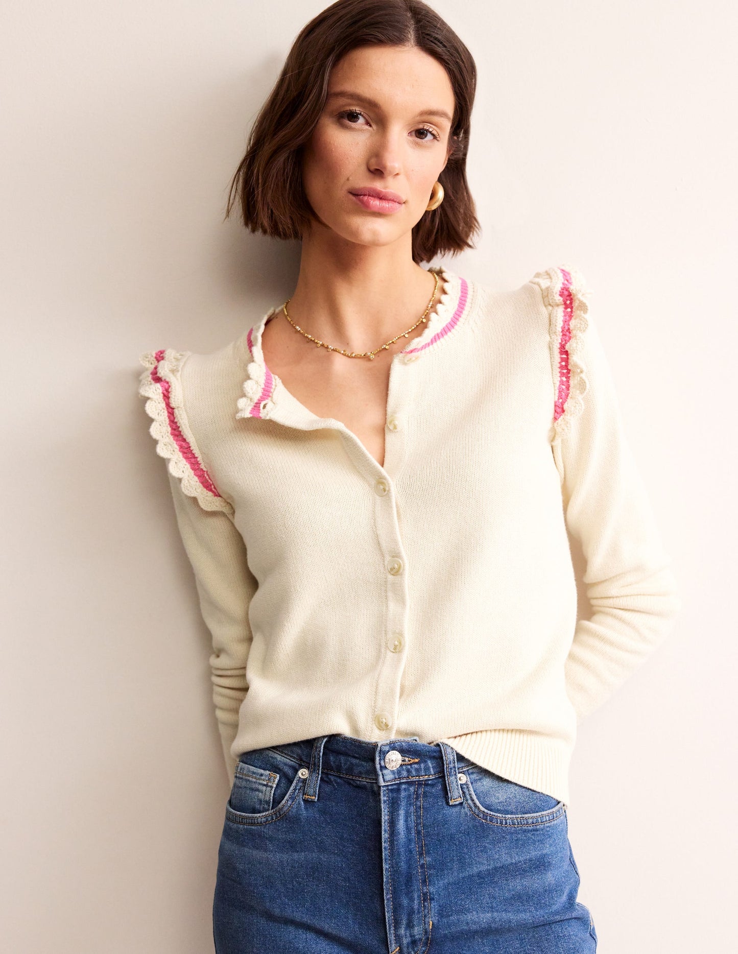 Crochet Frill Detail Cardigan-Warm Ivory