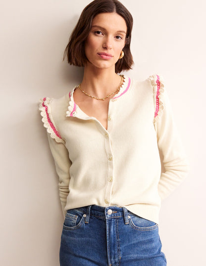 Crochet Frill Detail Cardigan-Warm Ivory-1