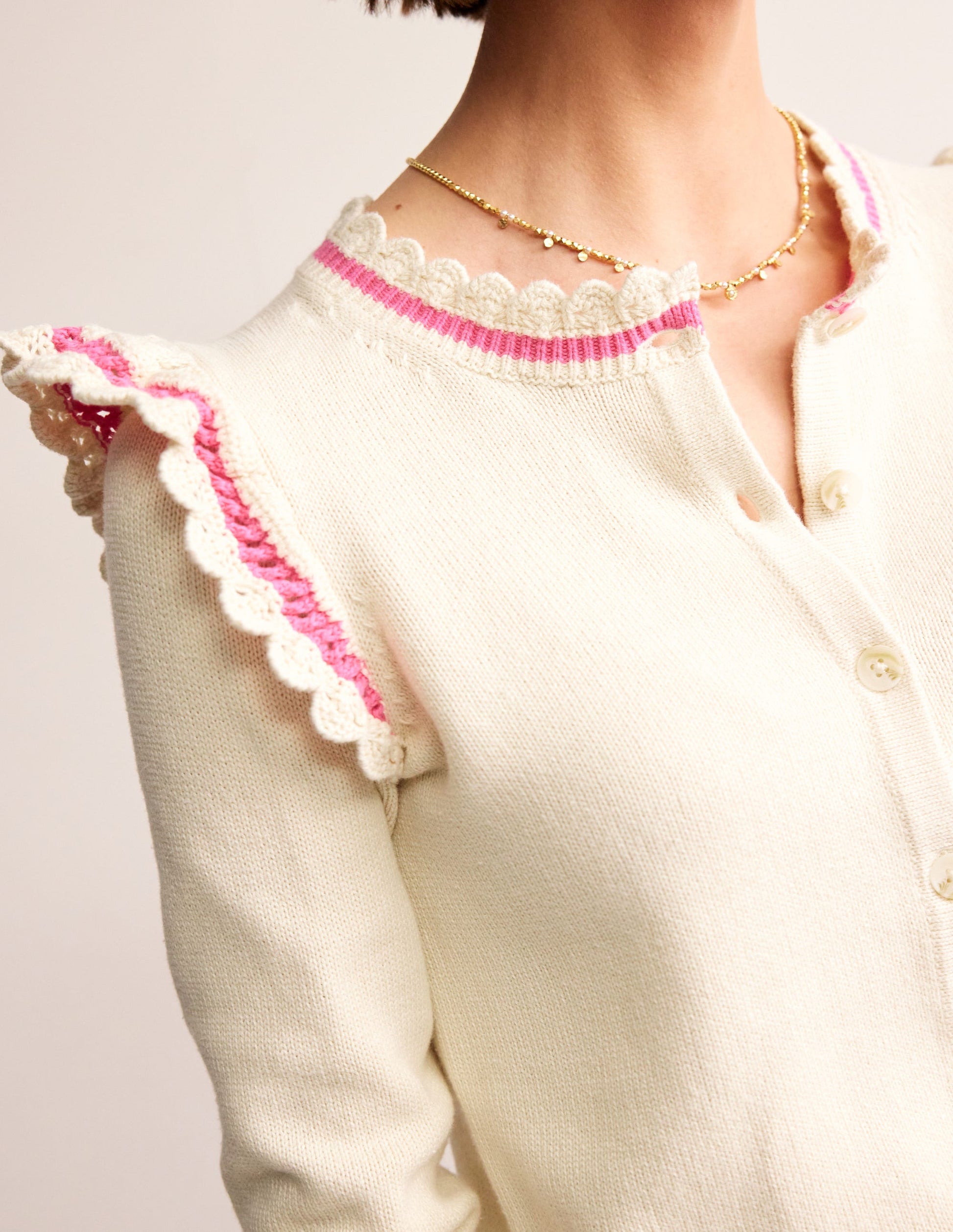Crochet Frill Detail Cardigan-Warm Ivory-2