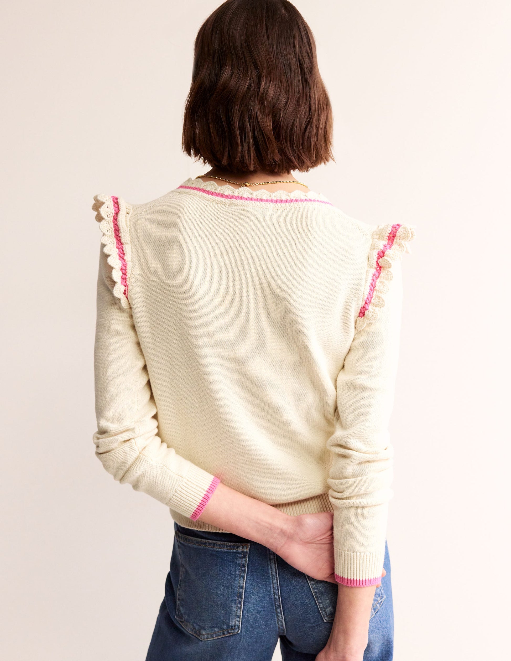 Crochet Frill Detail Cardigan-Warm Ivory-3