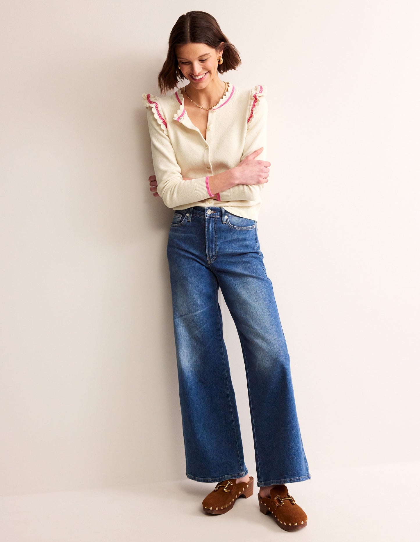 Crochet Frill Detail Cardigan-Warm Ivory