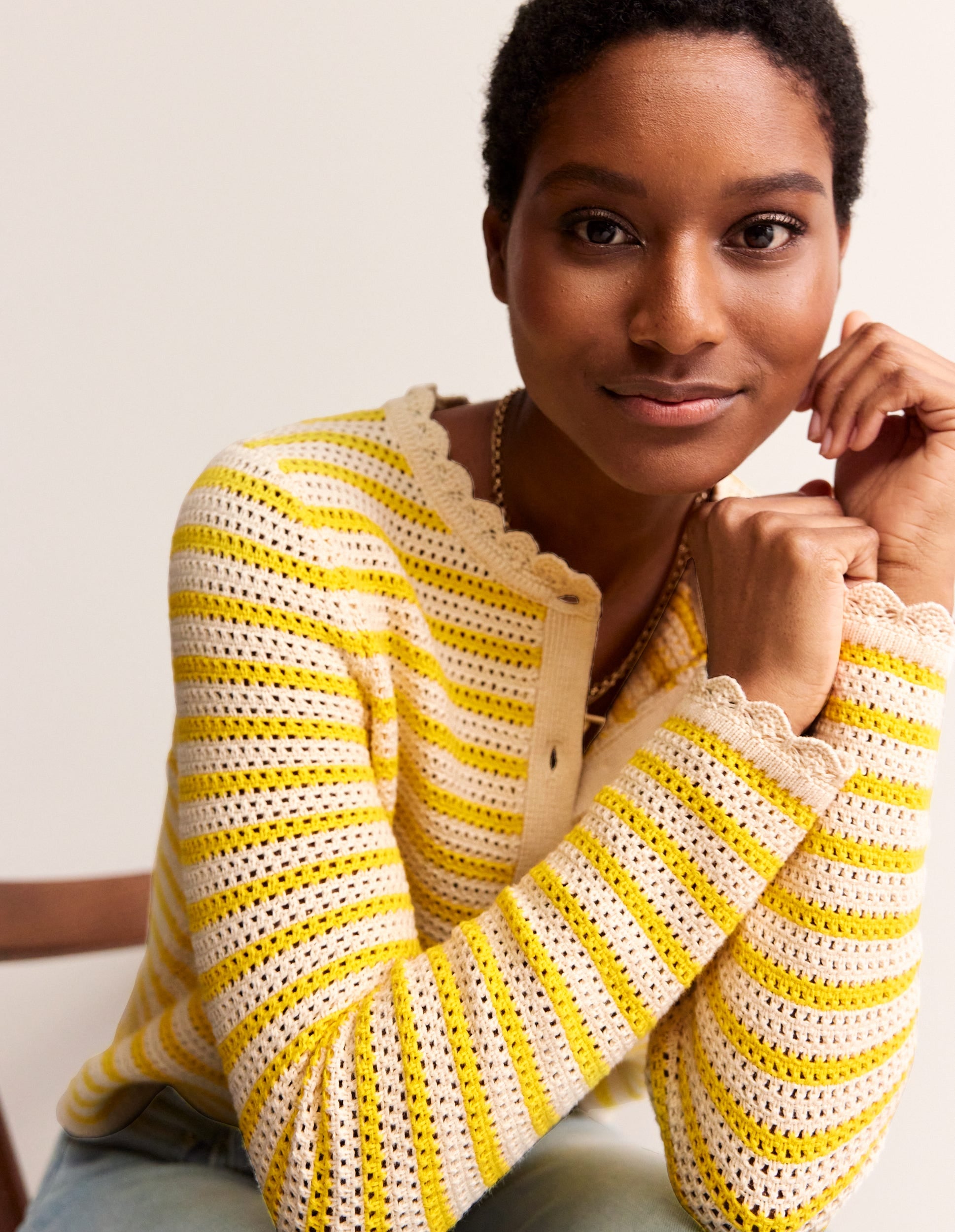 Textured Scallop Cardigan-Ivory/ Mimosa Yellow - Image 2