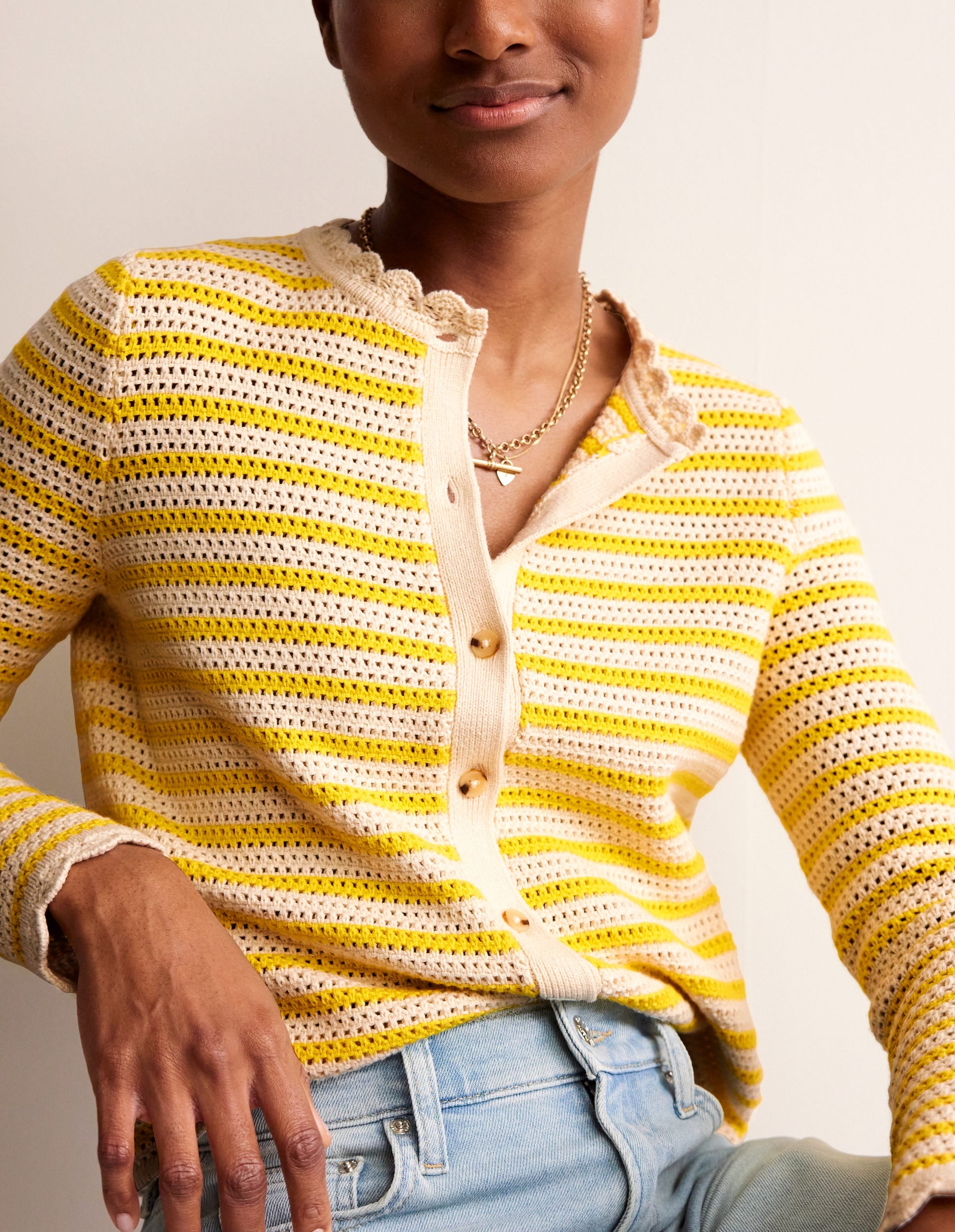 Textured Scallop Cardigan-Ivory/ Mimosa Yellow-3
