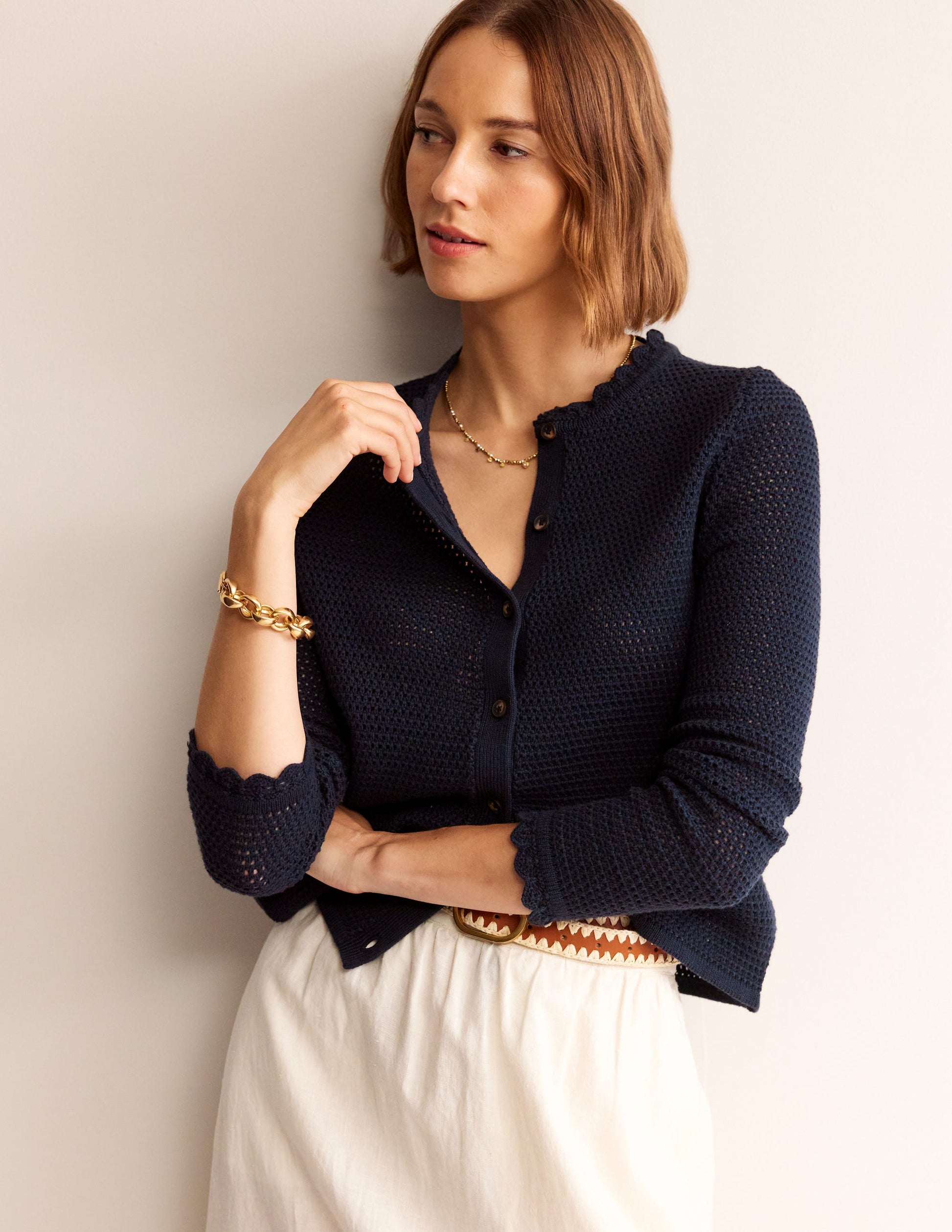 Textured Scallop Cardigan-Navy-1