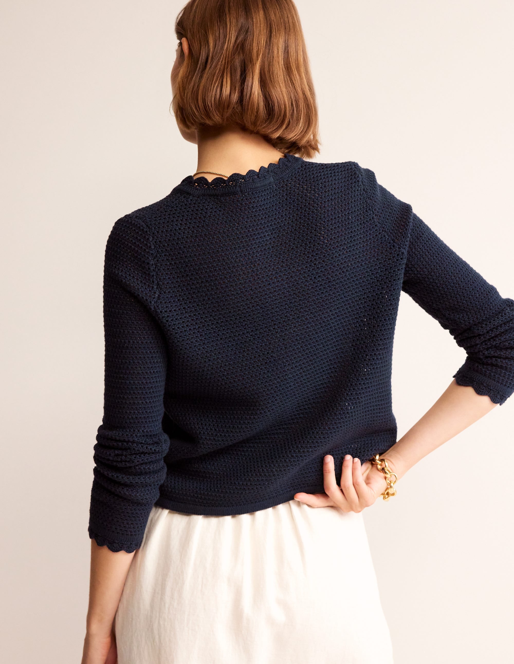 Textured Scallop Cardigan-Navy - Image 3
