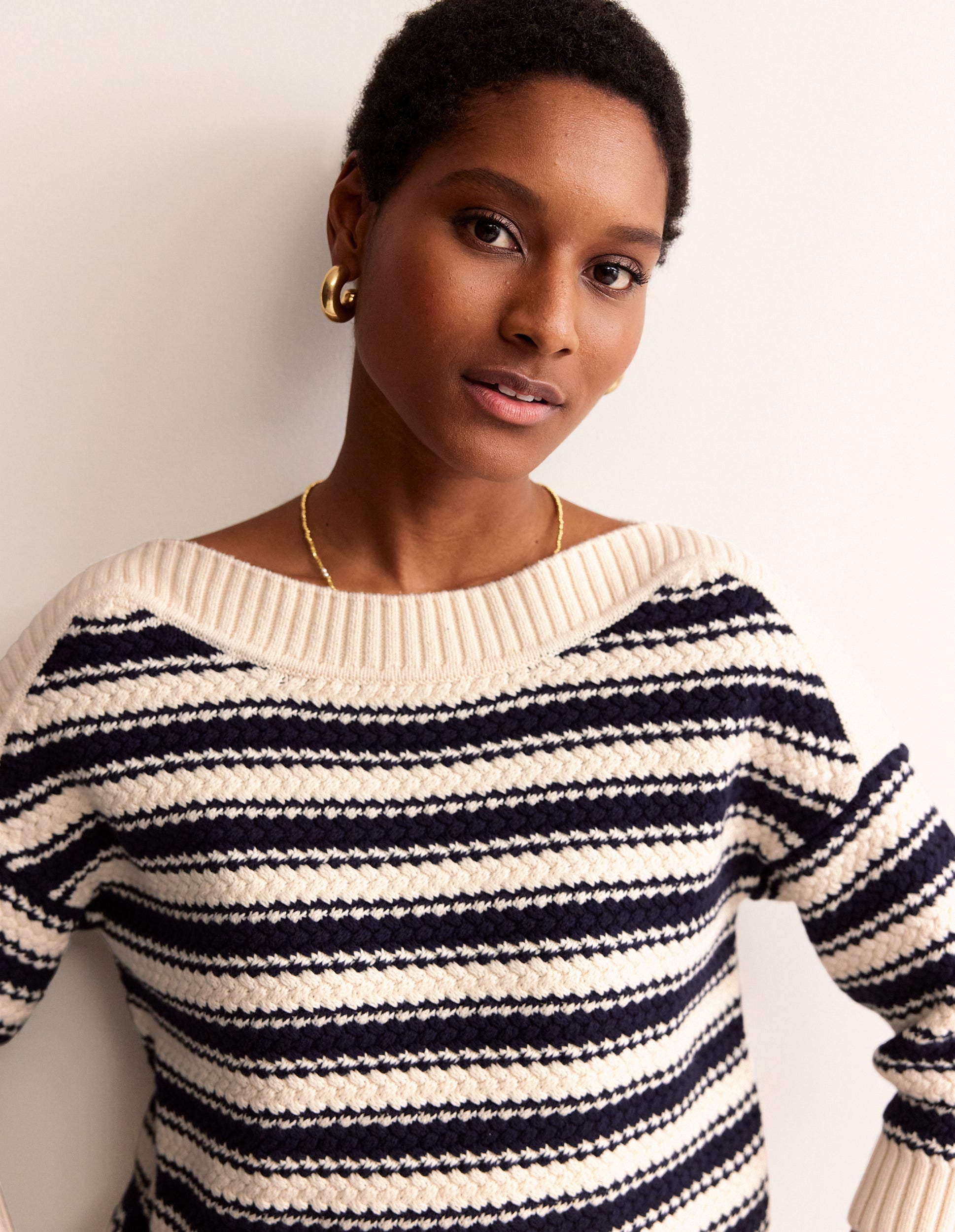 Textured Cotton Stripe Jumper-Navy, Ivory Textured Stripe-1