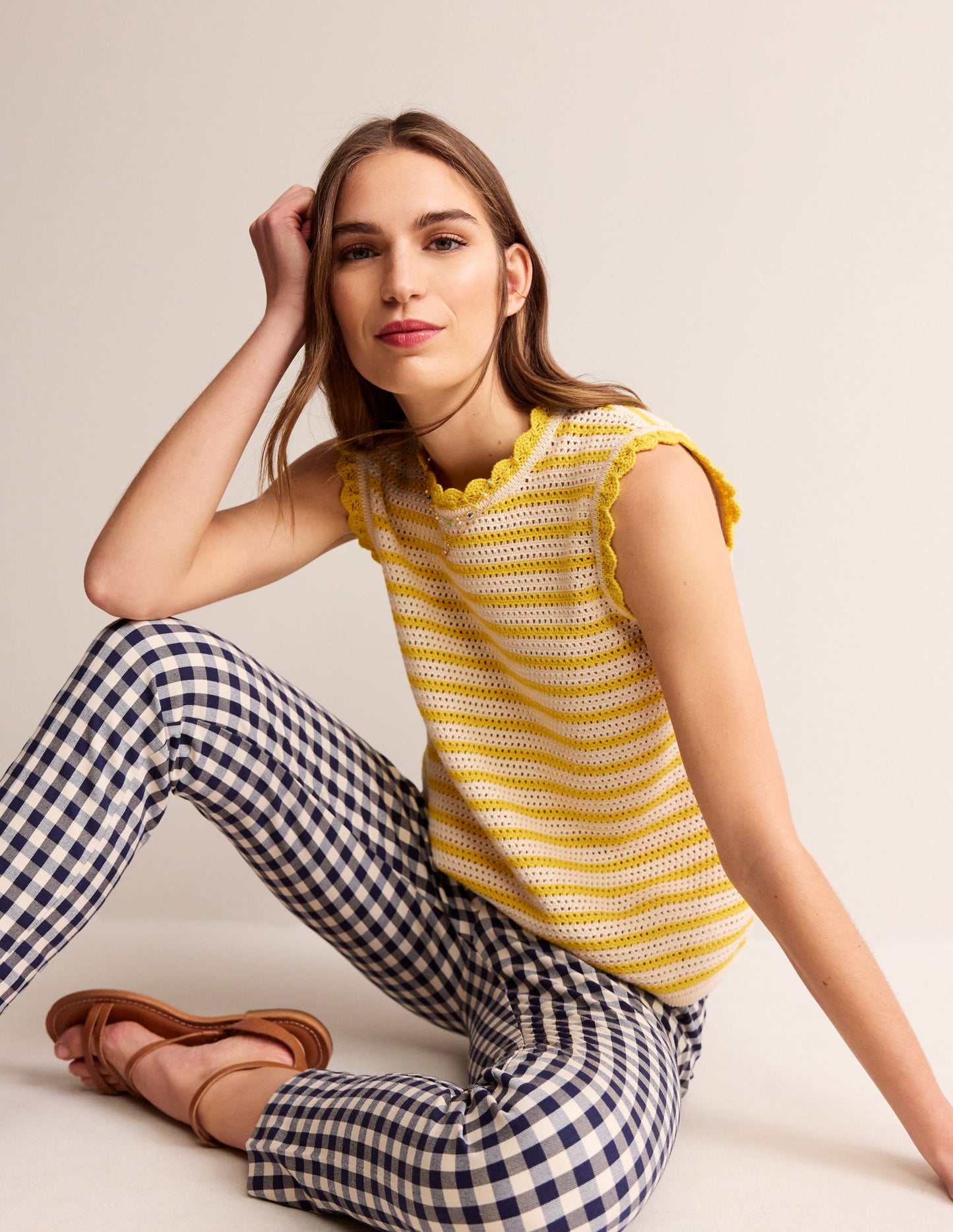 Textured Scallop Tank-Ivory/ Mimosa Yellow