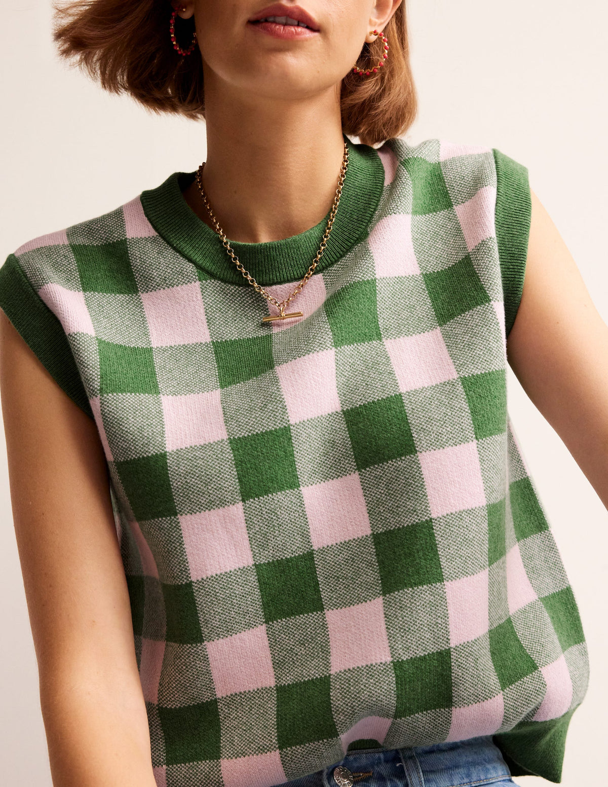 Gingham Tank-Rich Emerald, Blossom Pink - Image 2