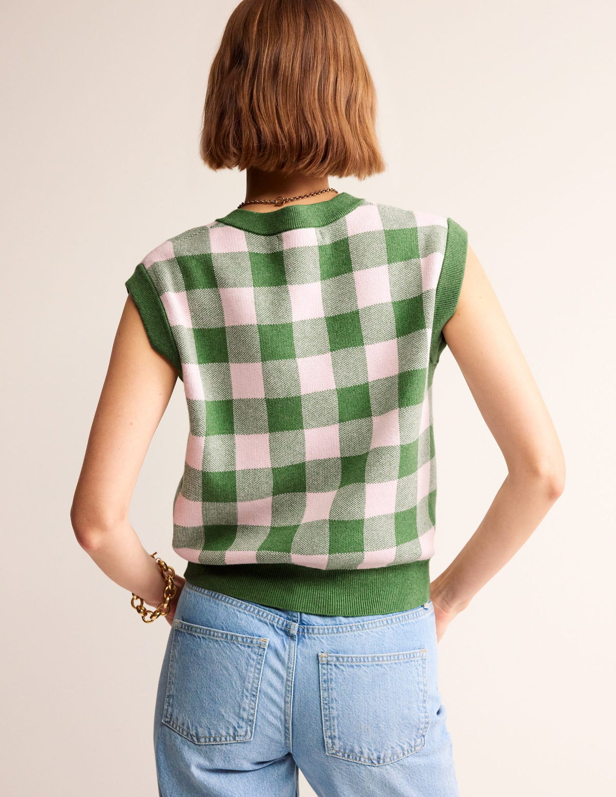 Gingham Tank-Rich Emerald, Blossom Pink - Image 3
