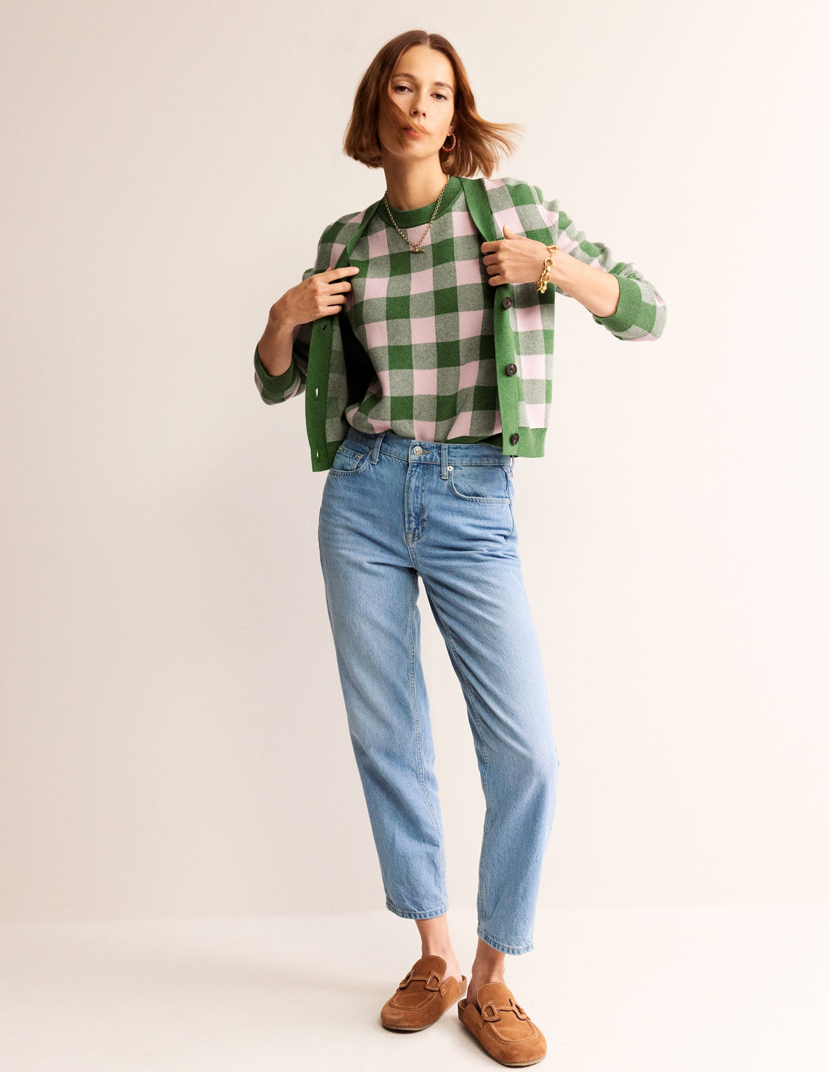 Gingham Tank-Rich Emerald, Blossom Pink - Image 4