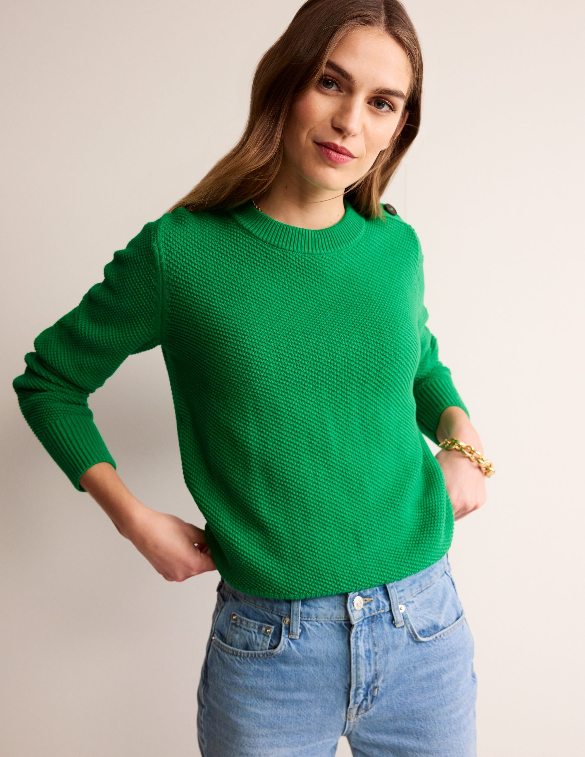 Button Detail Stitch Jumper-Bright Green - Image 1