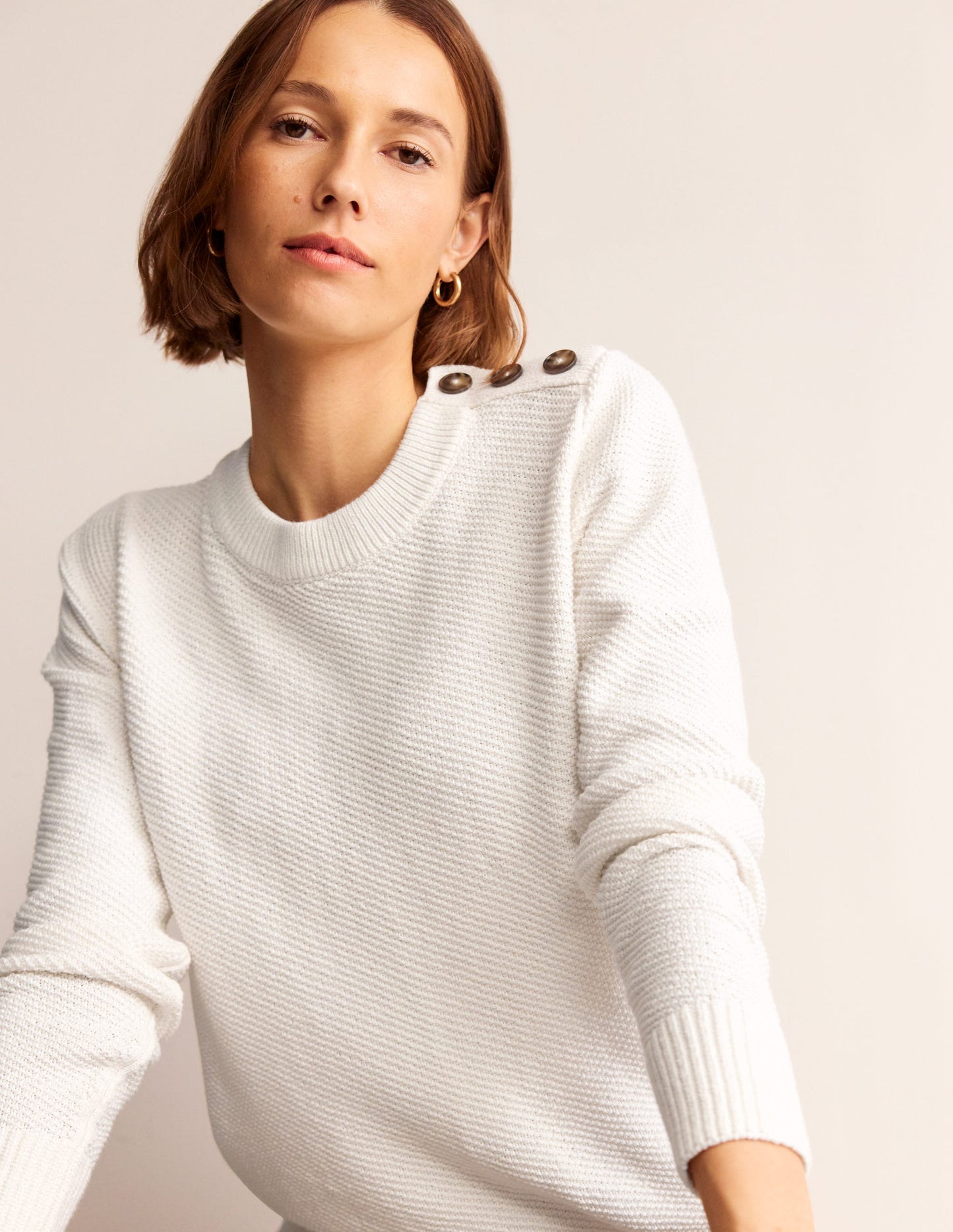 Button Detail Stitch Jumper-Warm Ivory