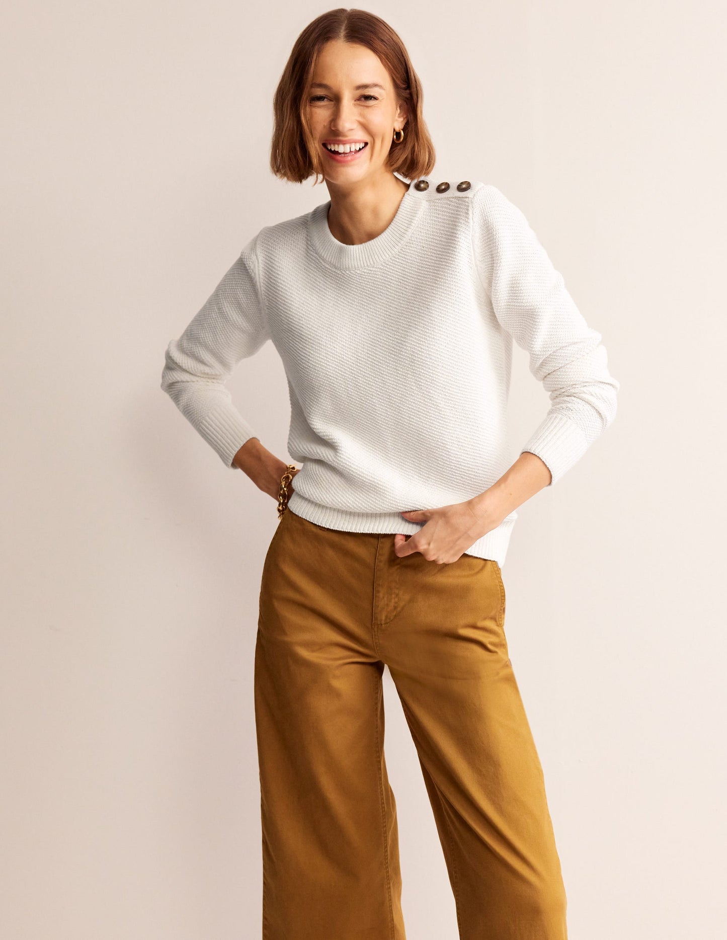 Button Detail Stitch Jumper-Warm Ivory