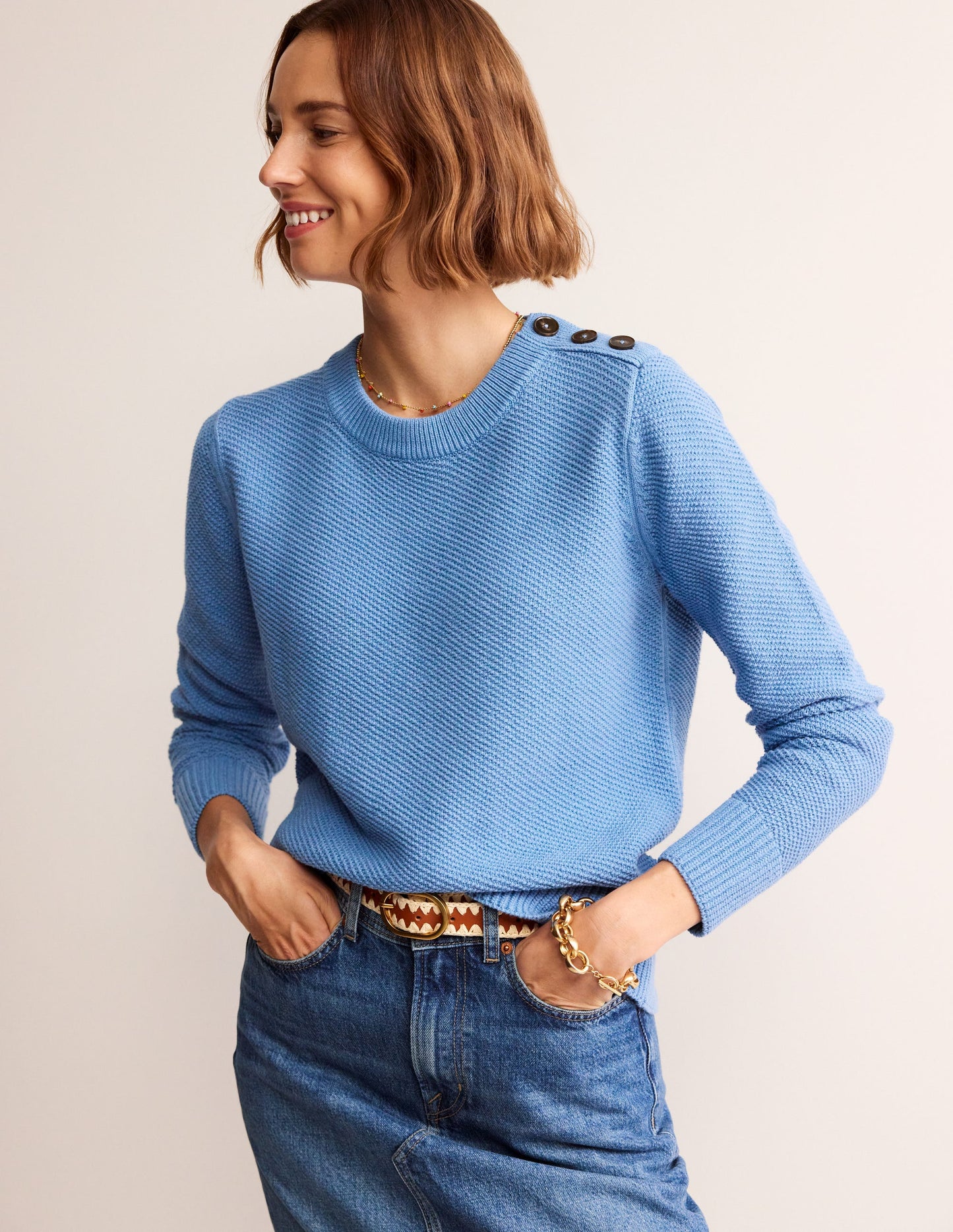Button Detail Stitch Jumper-Porcelain Blue