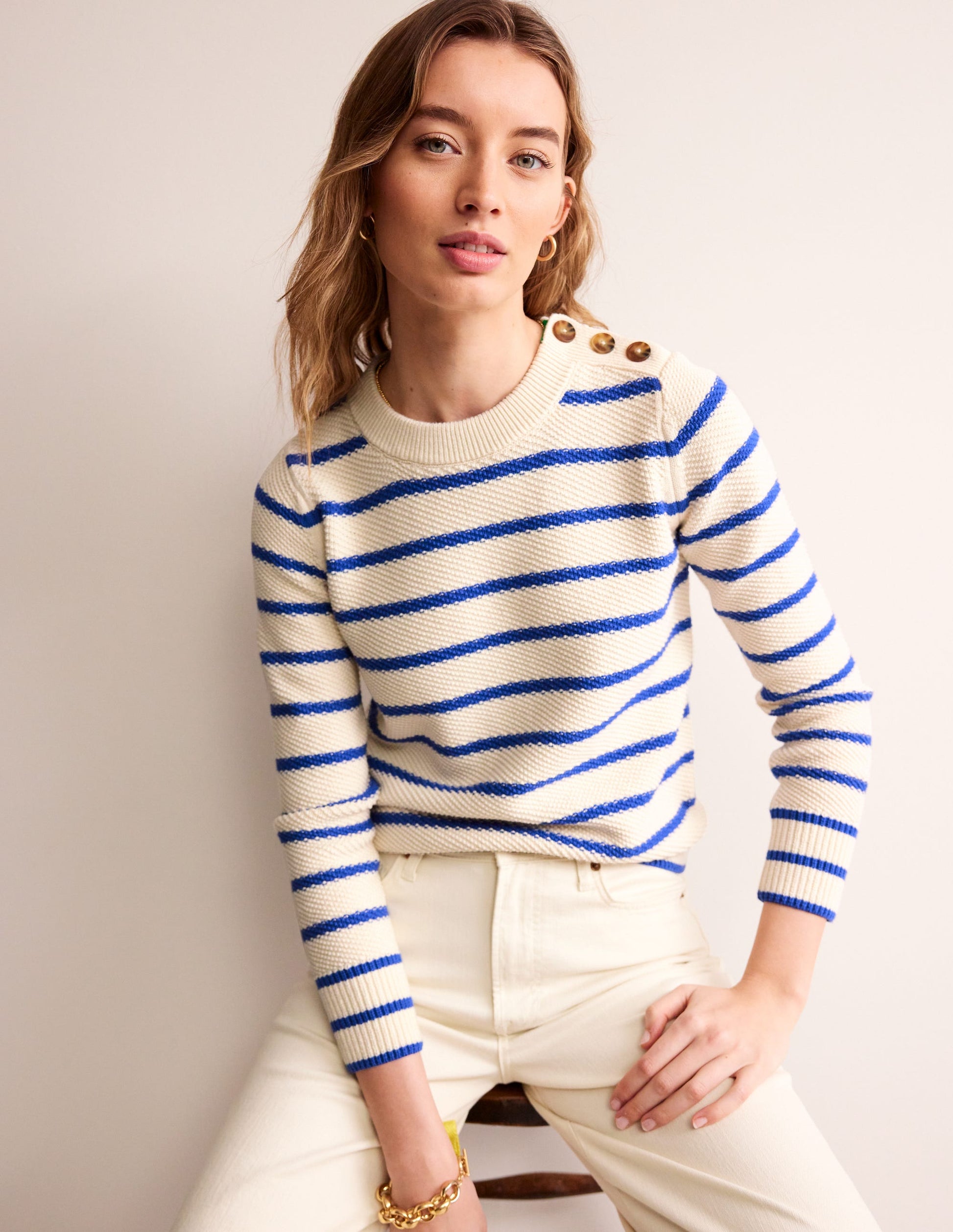 Button Detail Stitch Jumper-Warm Ivory, Island Sapphire-2