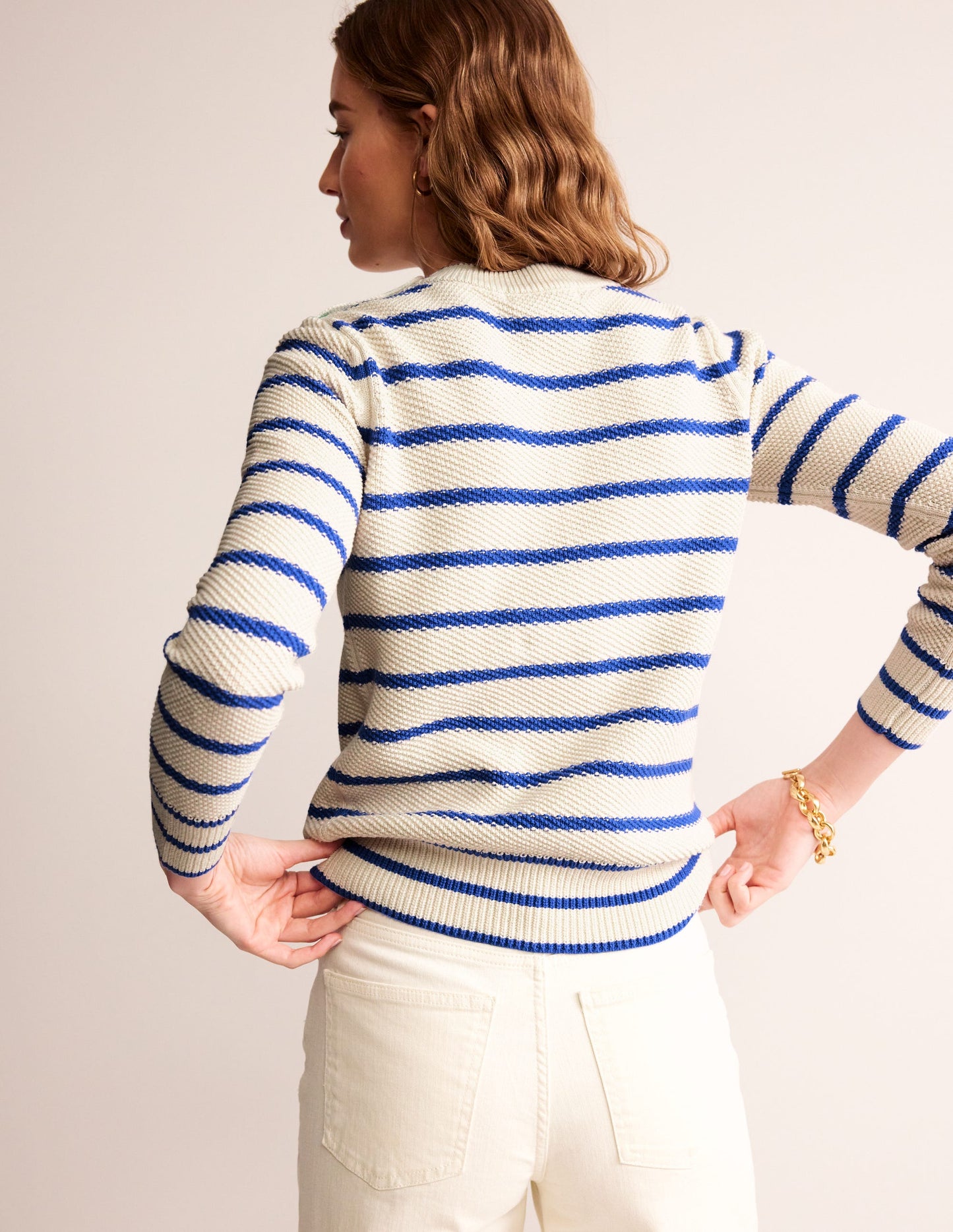 Button Detail Stitch Jumper-Warm Ivory, Island Sapphire