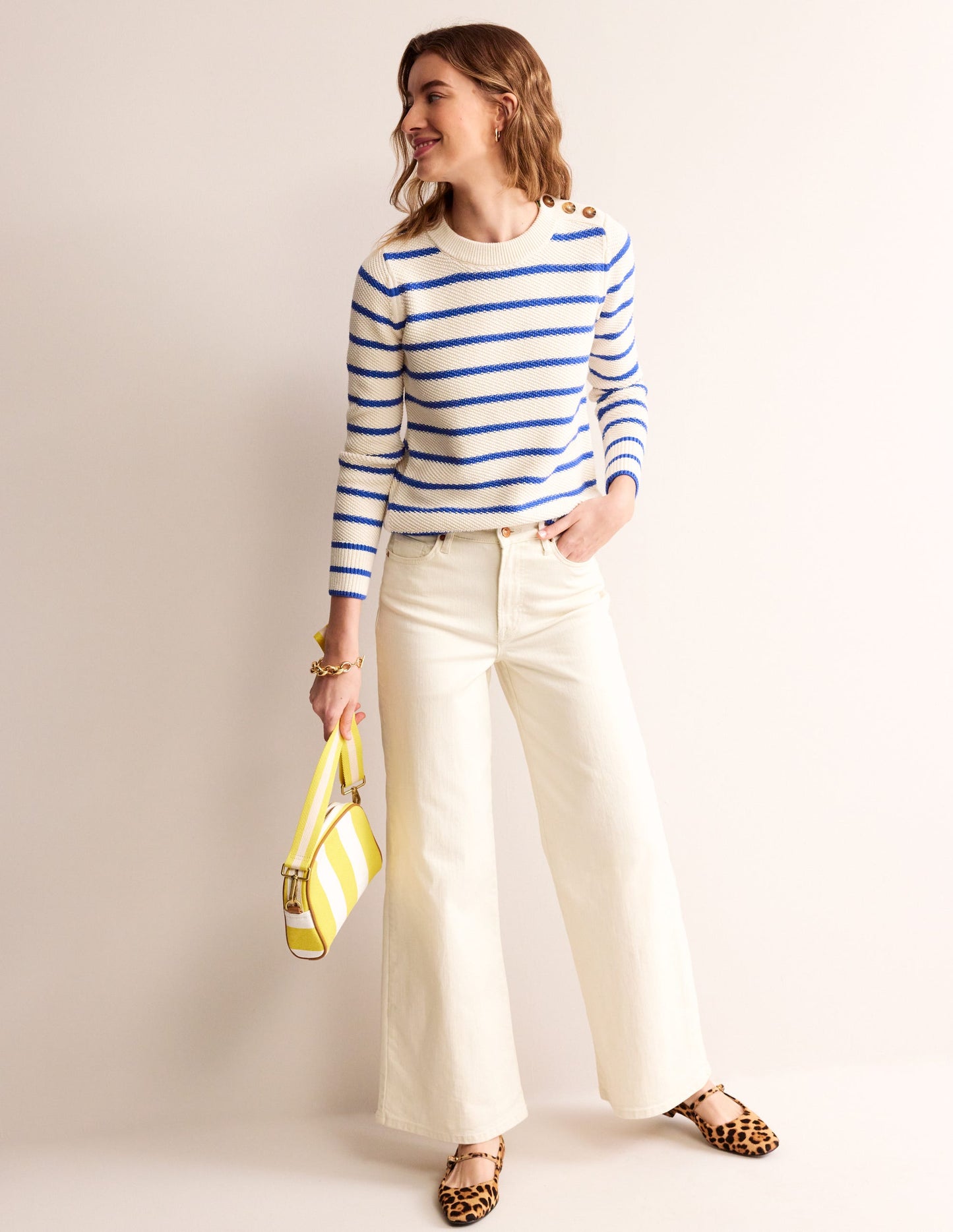 Button Detail Stitch Jumper-Warm Ivory, Island Sapphire