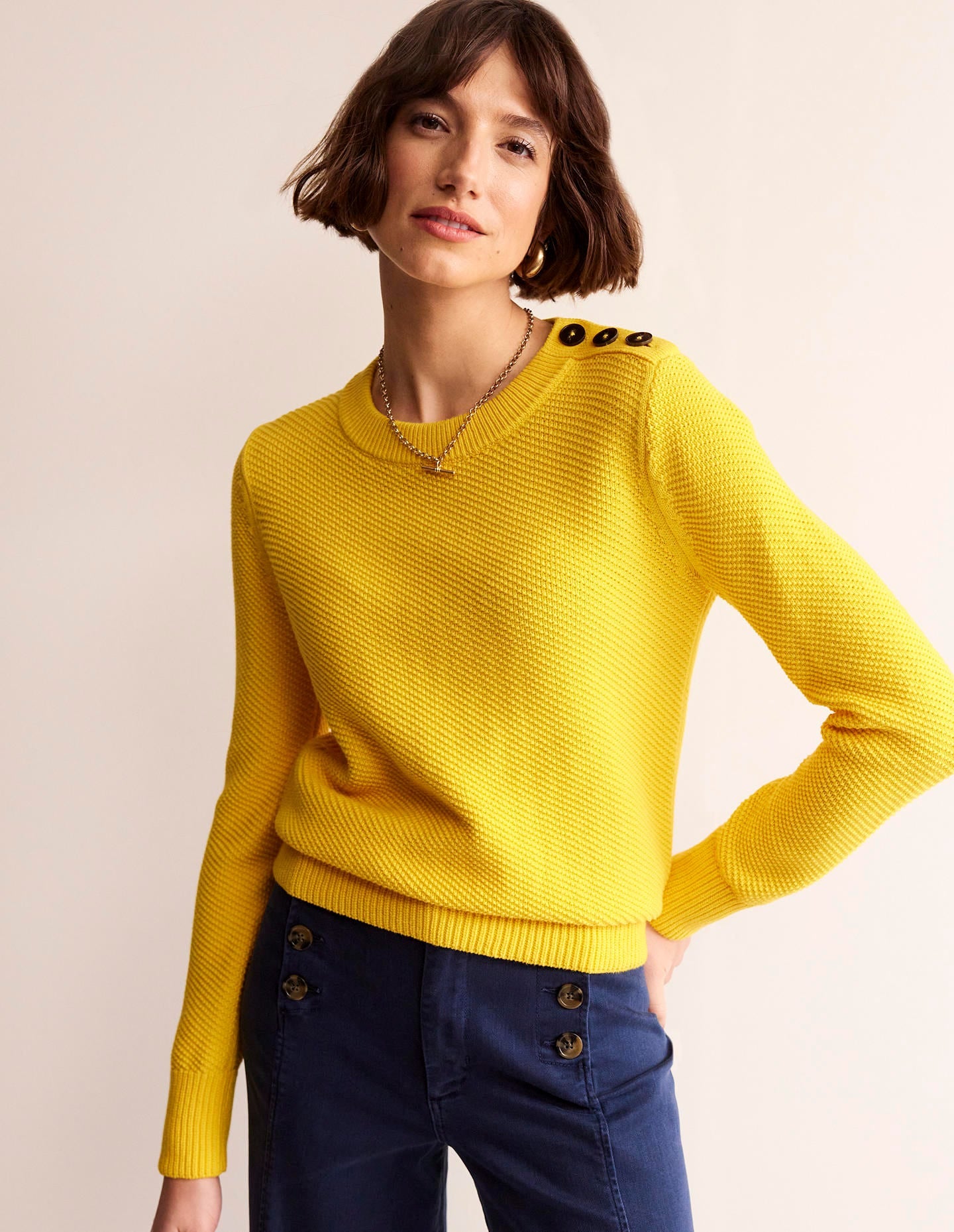 Button Detail Stitch Jumper-Super Lemon Yellow