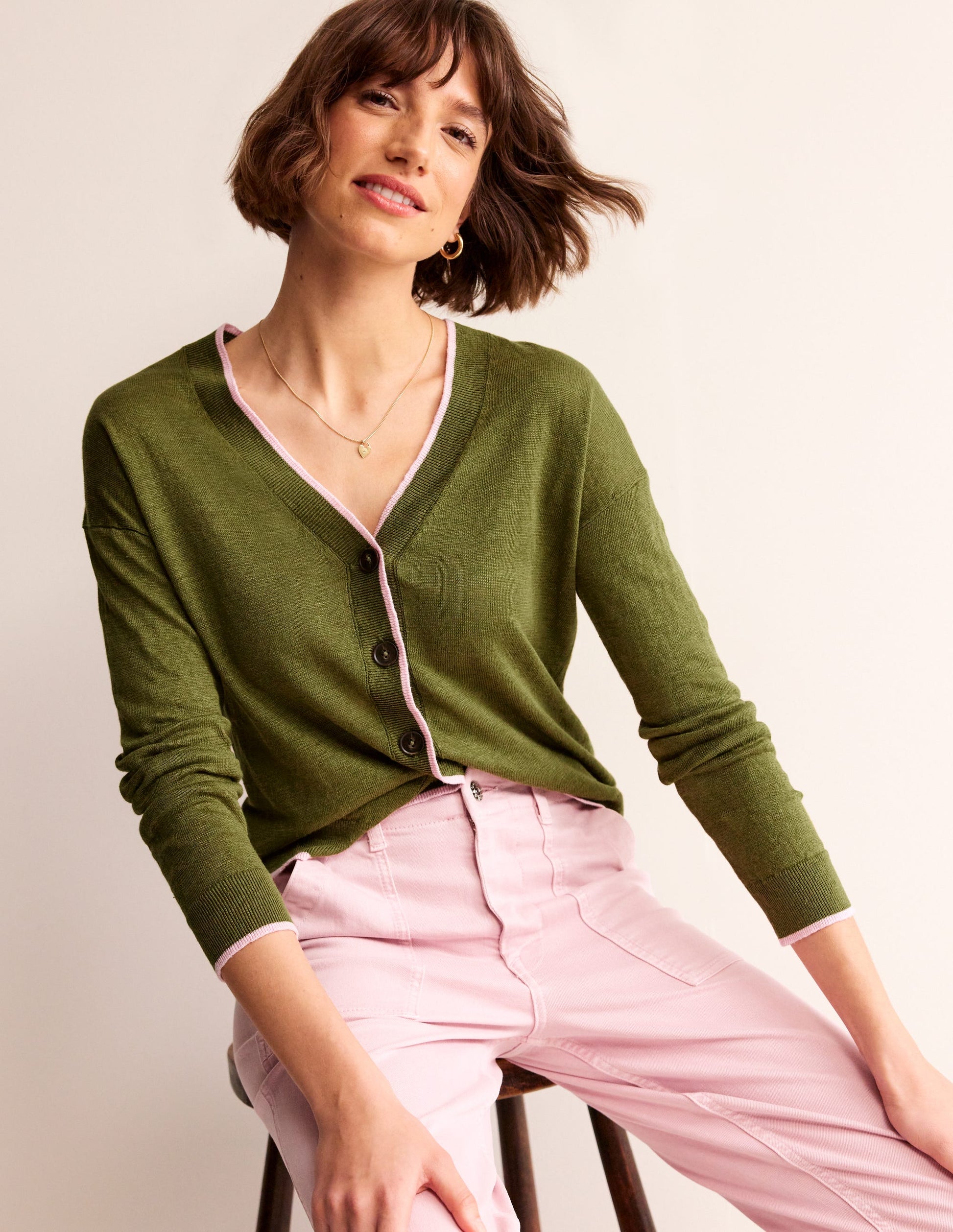 Maggie V-Neck Linen Cardigan-Spruce Green-1