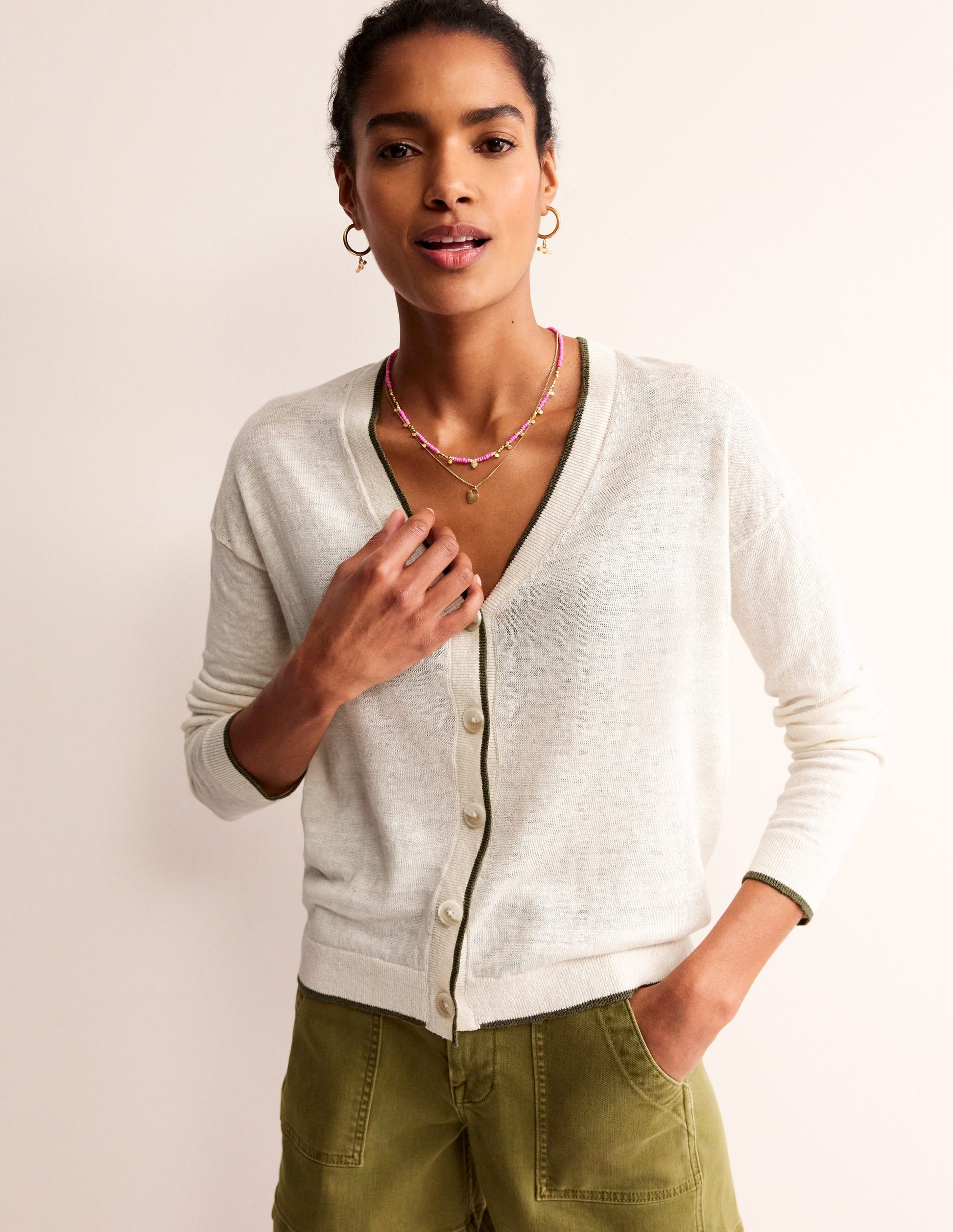 Maggie V-Neck Linen Cardigan-Warm Ivory-4