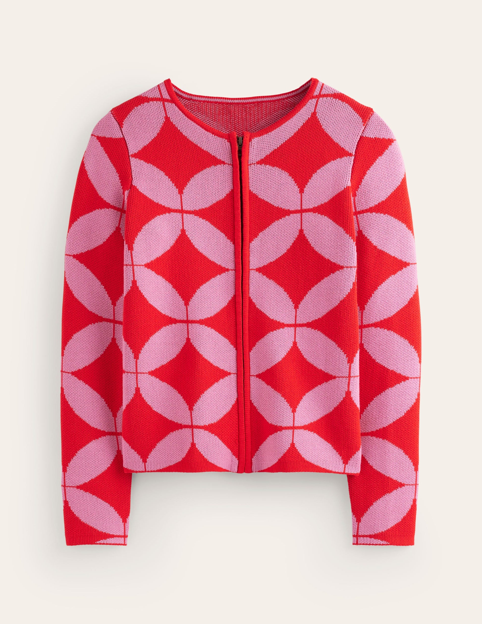 Jacquard Zip Up Cardigan-Ruby Red, Diamond Terrace-5