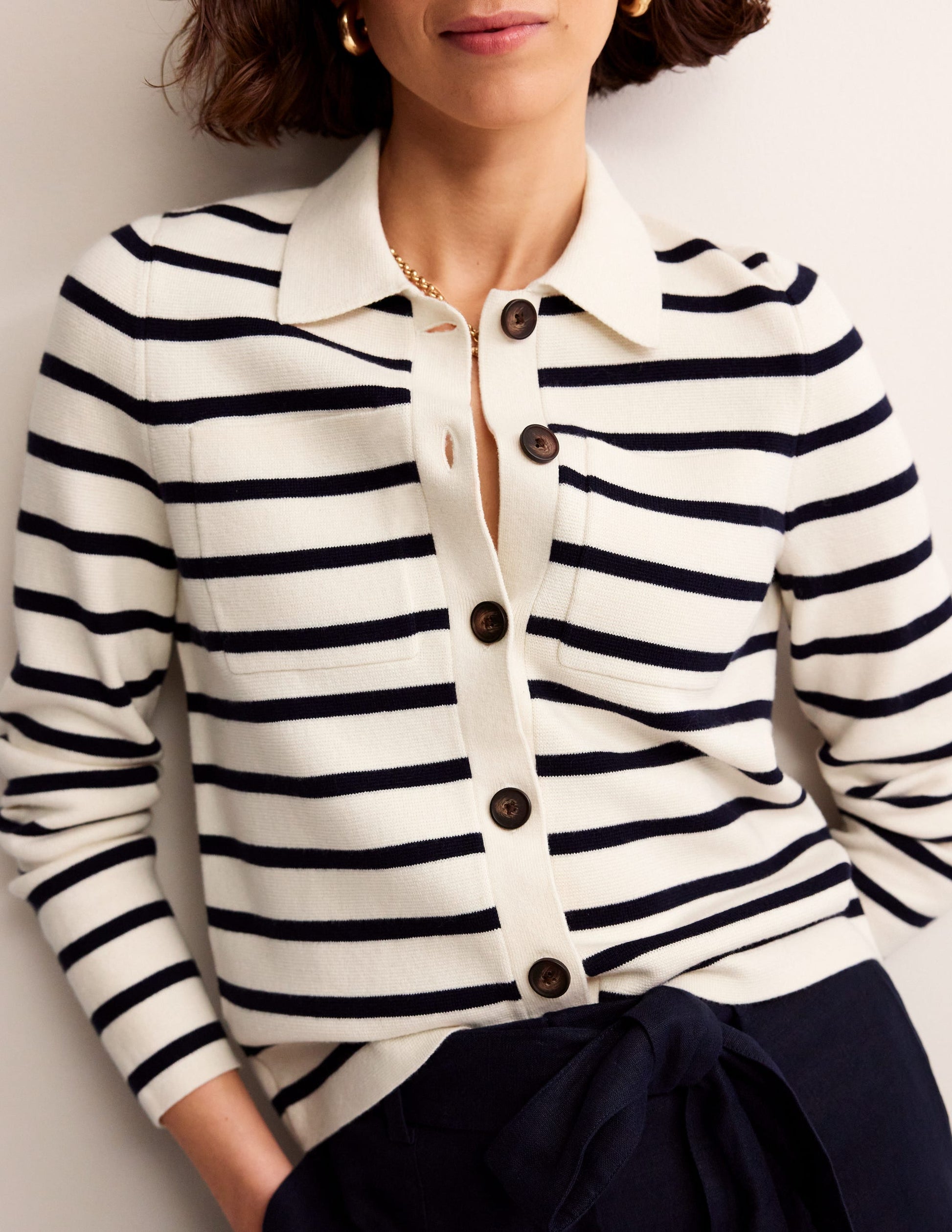 Astrid Knitted Shirt-Warm Ivory/ Navy-2