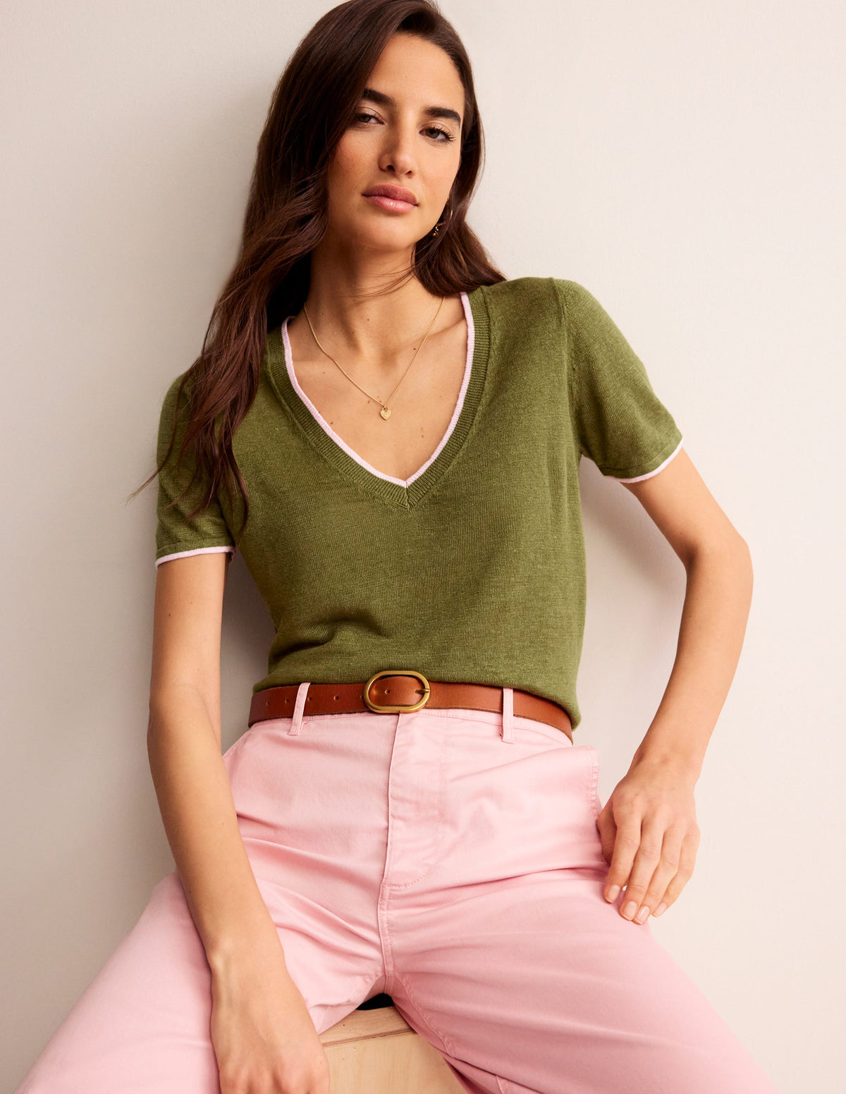 Maggie V-Neck Linen T-Shirt-Mayfly Green - Image 1