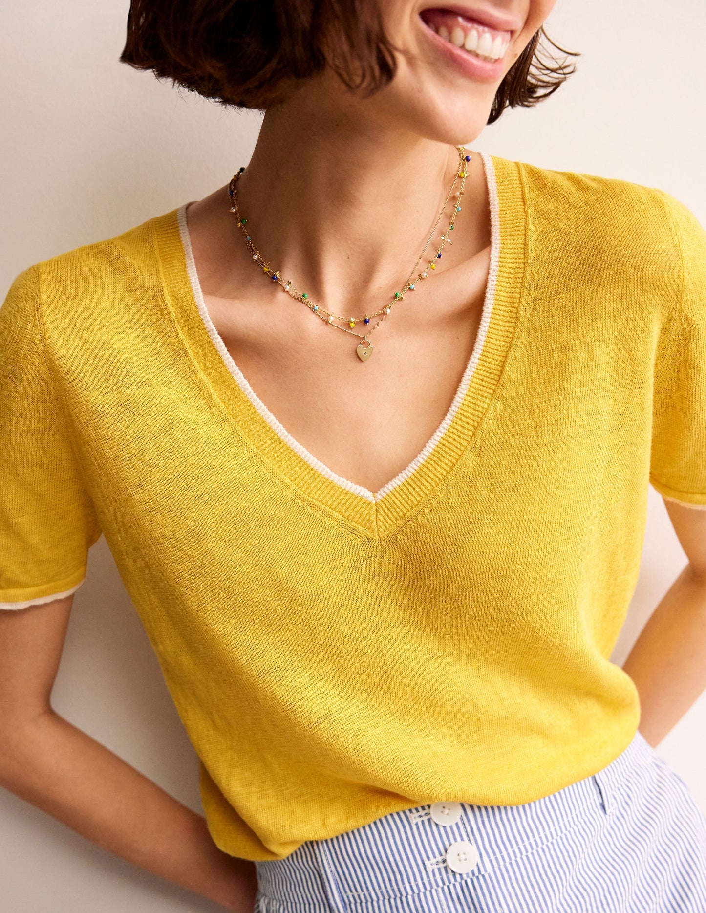 Maggie V-Neck Linen T-Shirt-Daffodil Yellow