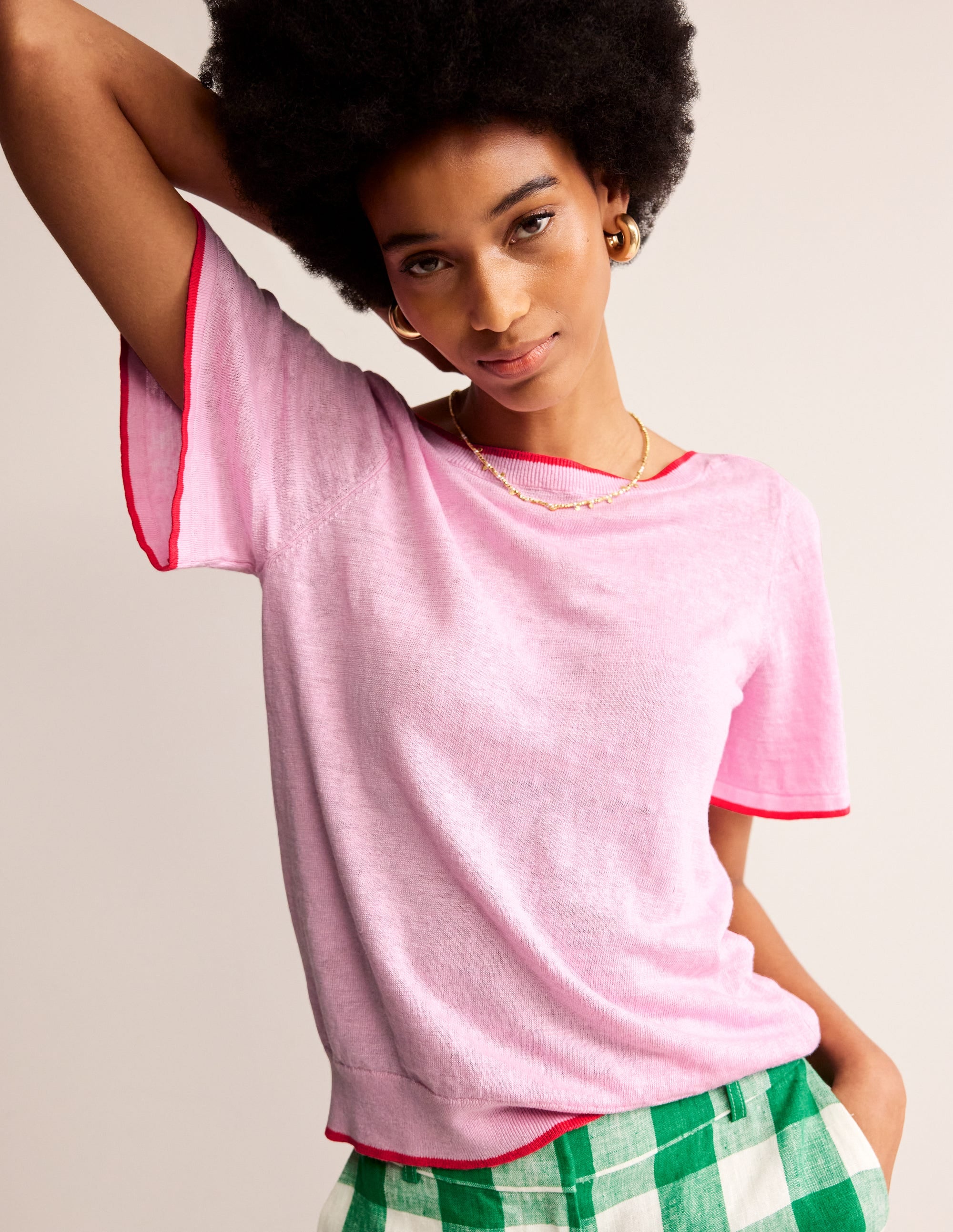 Maggie Boat Neck Linen T-Shirt-Soft Peony Pink - Image 1
