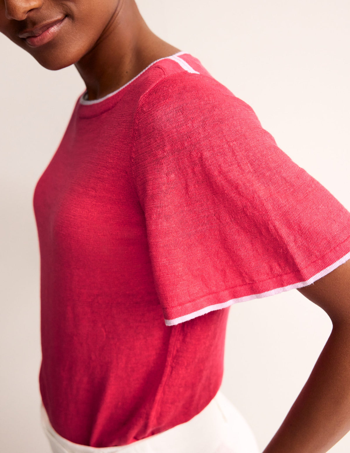 Maggie Boat Neck Linen T-Shirt-Bright Coral - Image 2