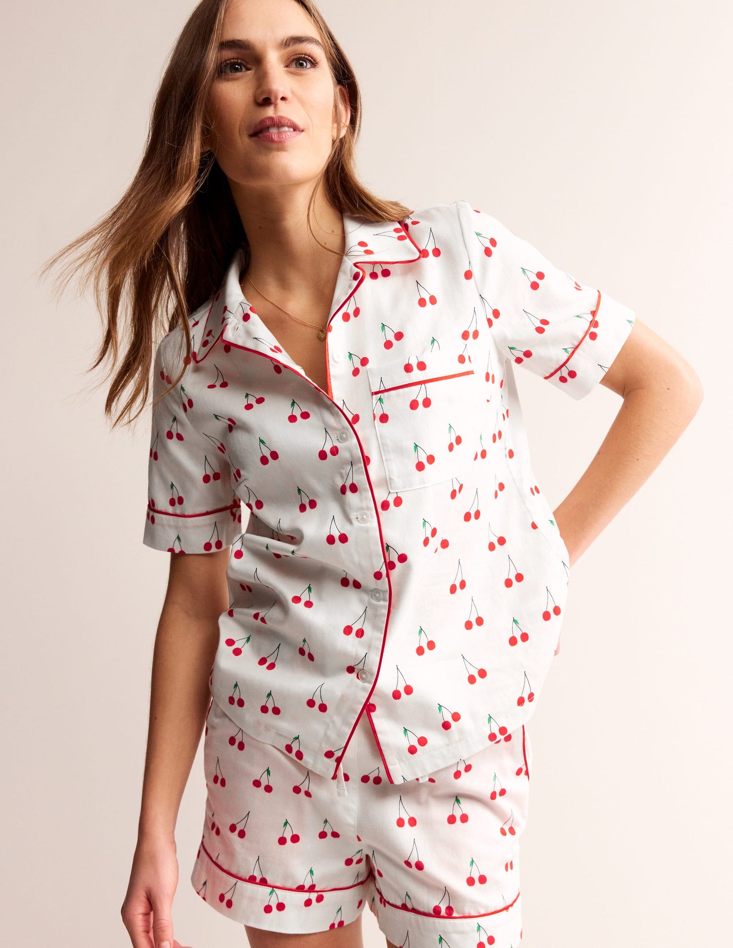 Short Sleeve Pyjama Top-Ivory, Cherry Vine