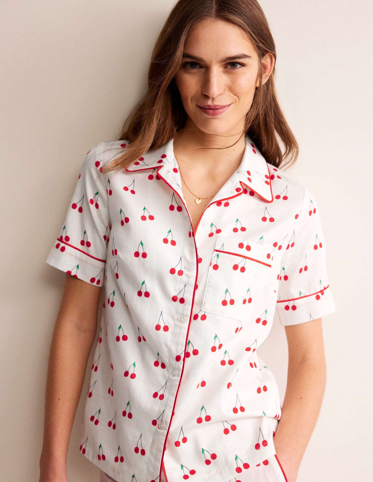 Short Sleeve Pyjama Top-Ivory, Cherry Vine