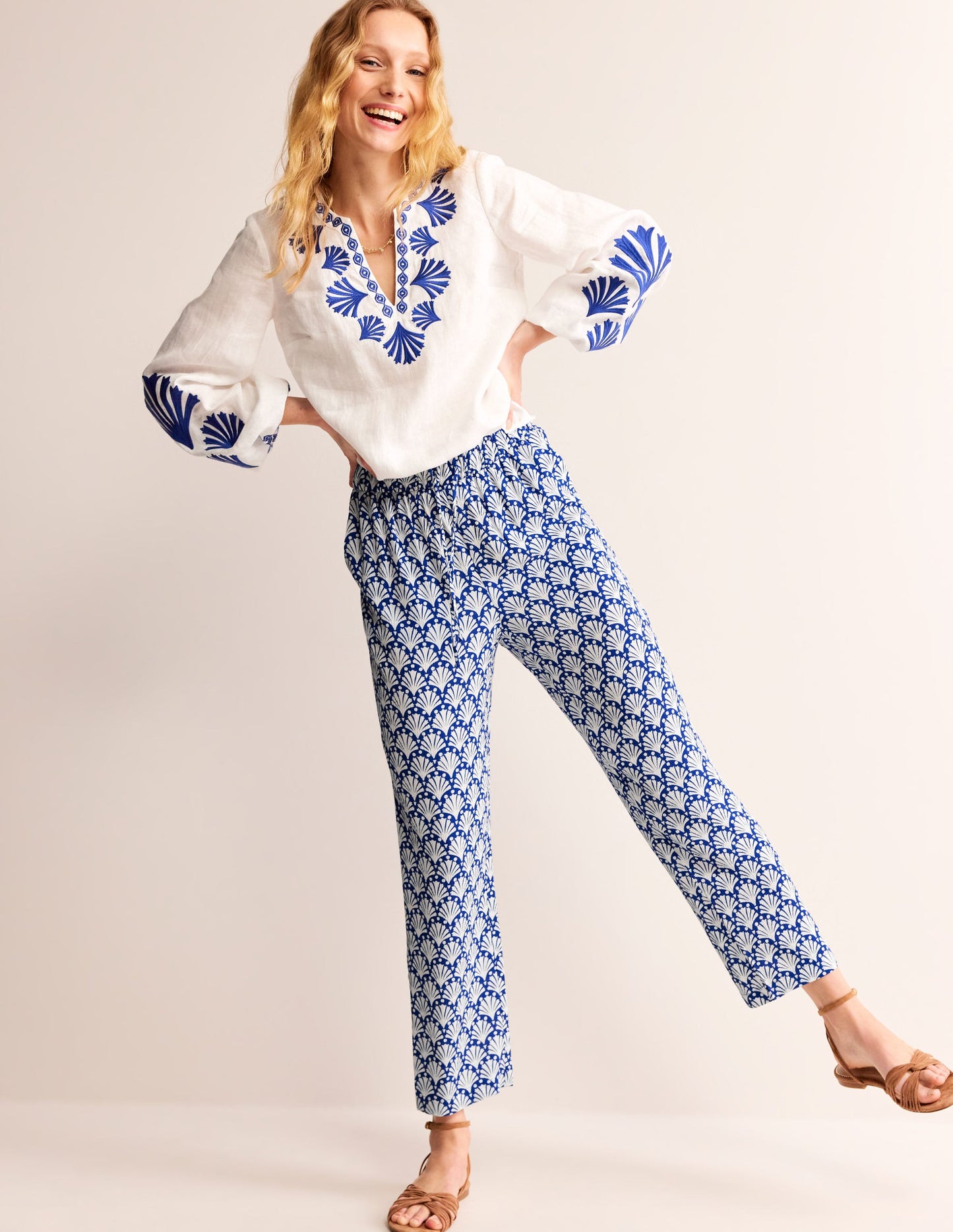 Crinkle Tapered Trousers-Surf the Web and Ivory, Shells