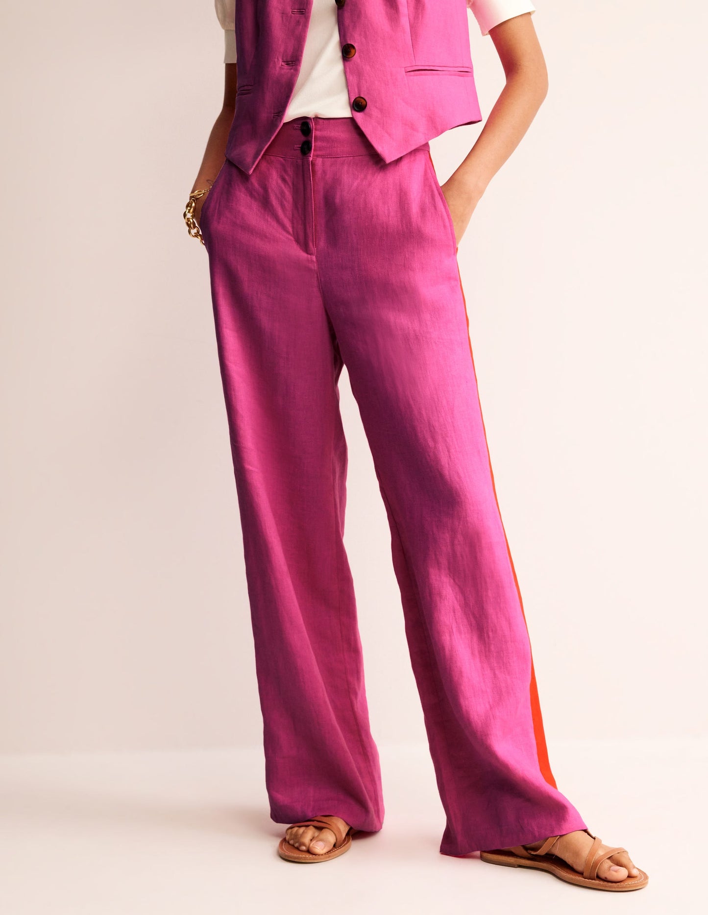 Westbourne Linen Trousers-Pop Pansy, Red Side Stripe