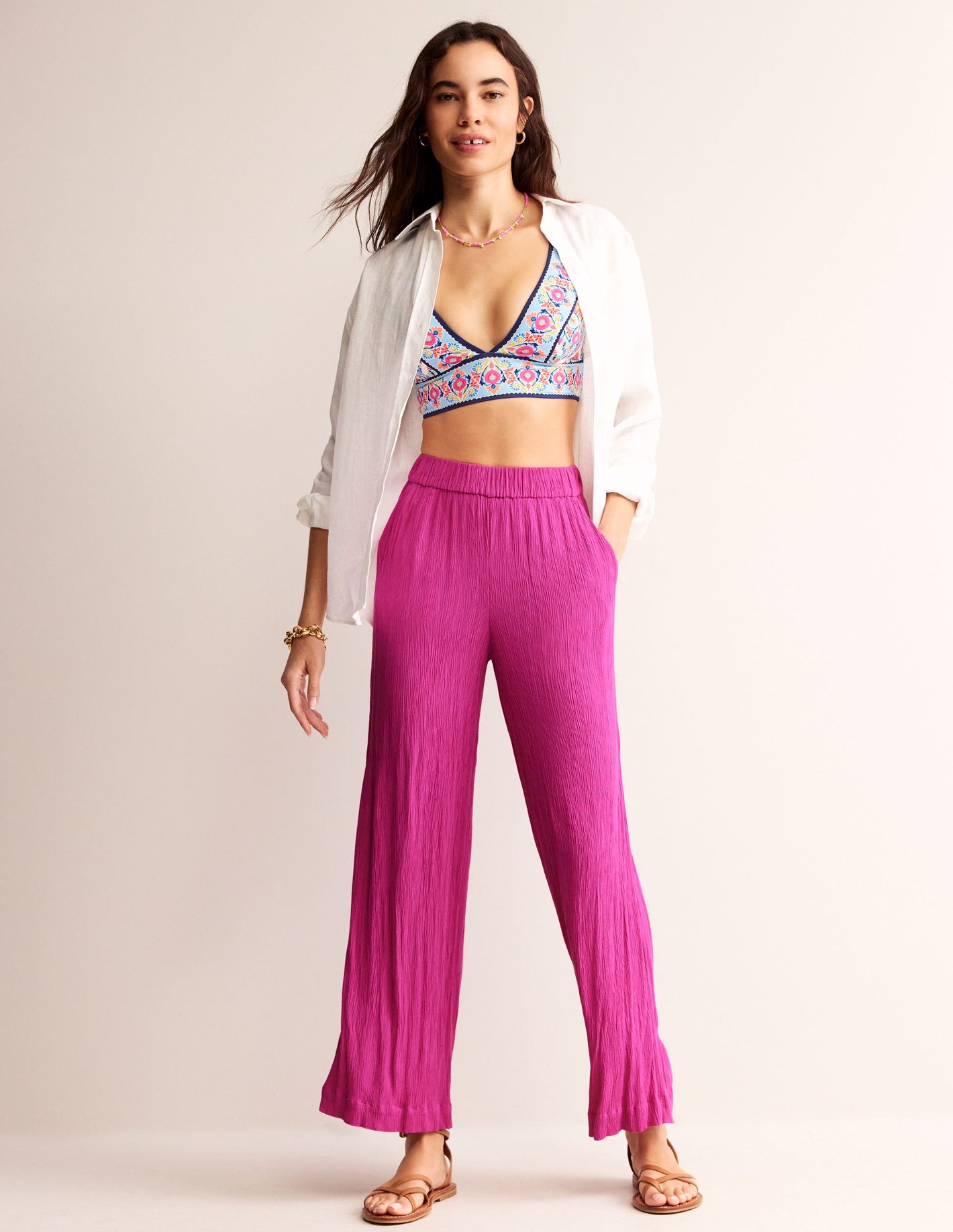 Crinkle Wide Trousers-Phlox Pink