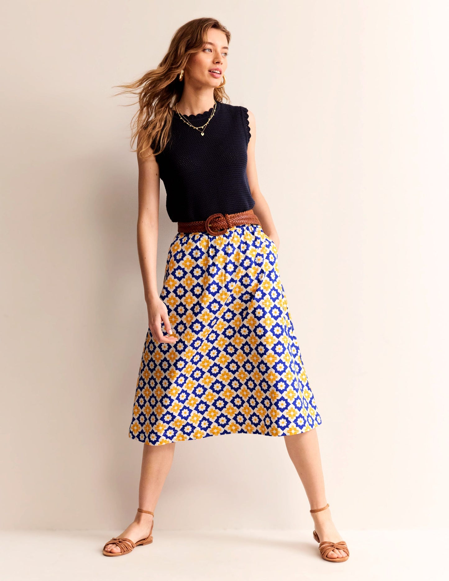 Hattie Poplin Midi Skirt-Surf the Web, Geometric Stamp