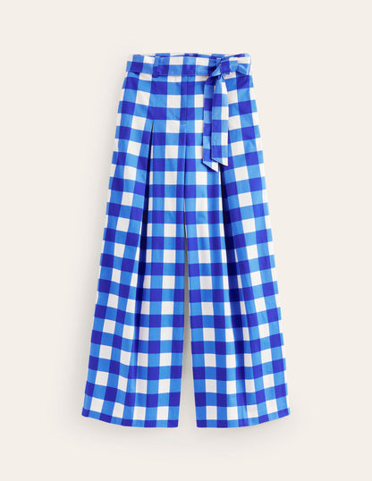 Palazzo Cotton Sateen Trousers-Nautical Blue & Ivory Gingham