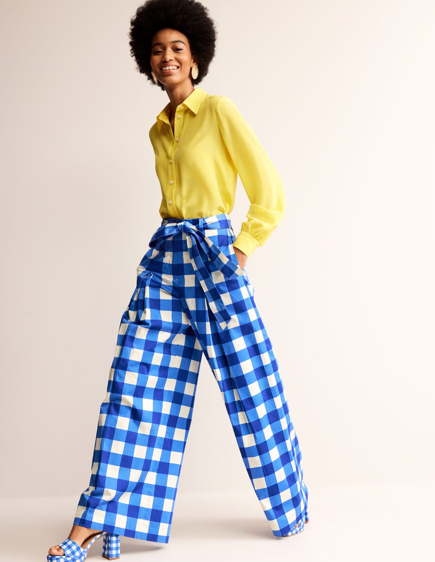 Palazzo Cotton Sateen Trousers-Nautical Blue & Ivory Gingham