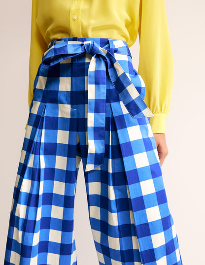 Palazzo Cotton Sateen Trousers-Nautical Blue & Ivory Gingham